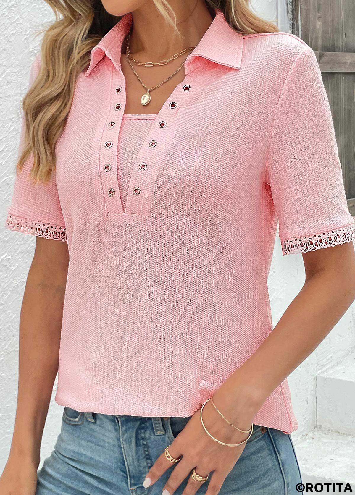 Pink tops,Plain Color tops,ROTITA Eyelet Pink Short Sleeve T Shirt