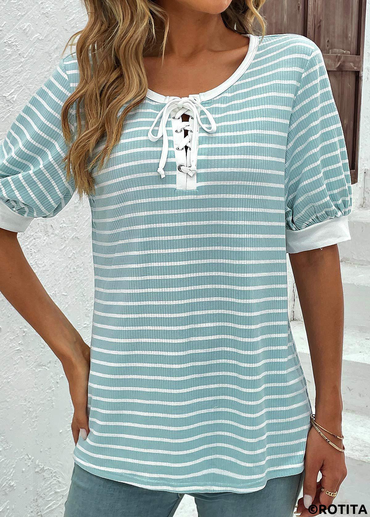 ROTITA Lace Up Mint Green Round Neck T Shirt