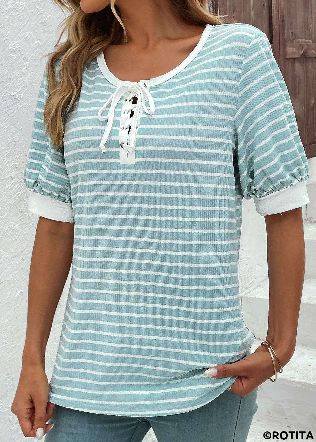 ROTITA Lace Up Mint Green Round Neck T Shirt
