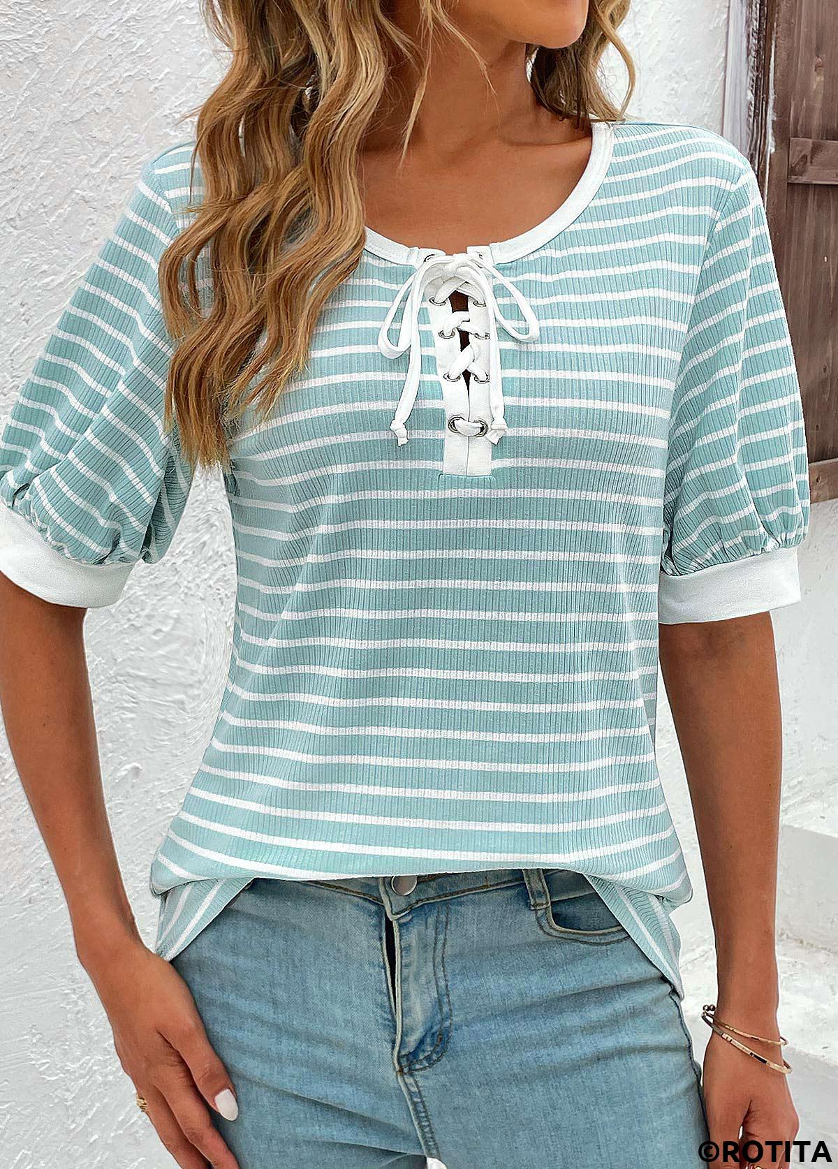 ROTITA Lace Up Mint Green Round Neck T Shirt