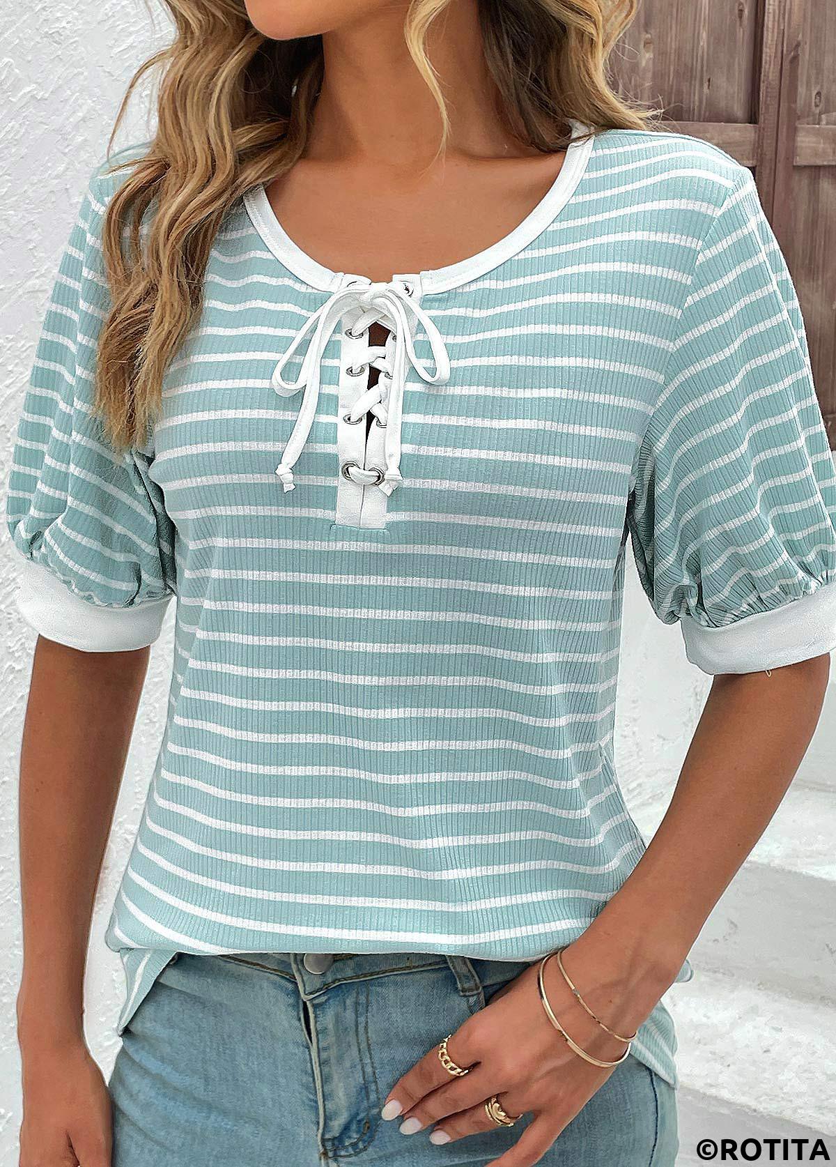 ROTITA Lace Up Mint Green Round Neck T Shirt