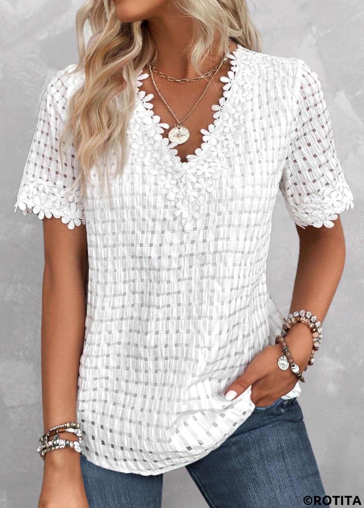 White tops,Plain Color tops,ROTITA Embroidery White V Neck Short Sleeve Blouse