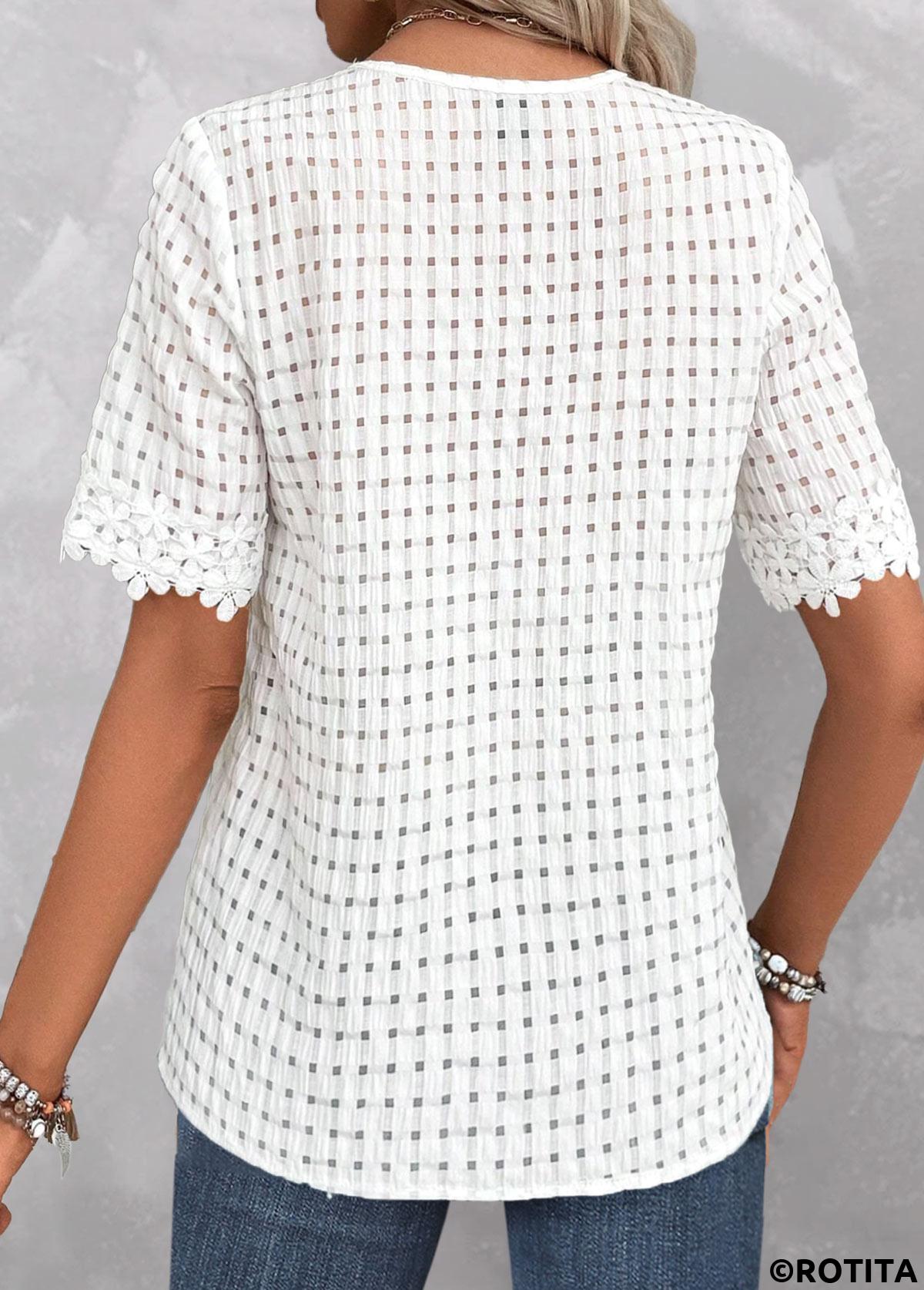 White tops,Plain Color tops,ROTITA Embroidery White V Neck Short Sleeve Blouse