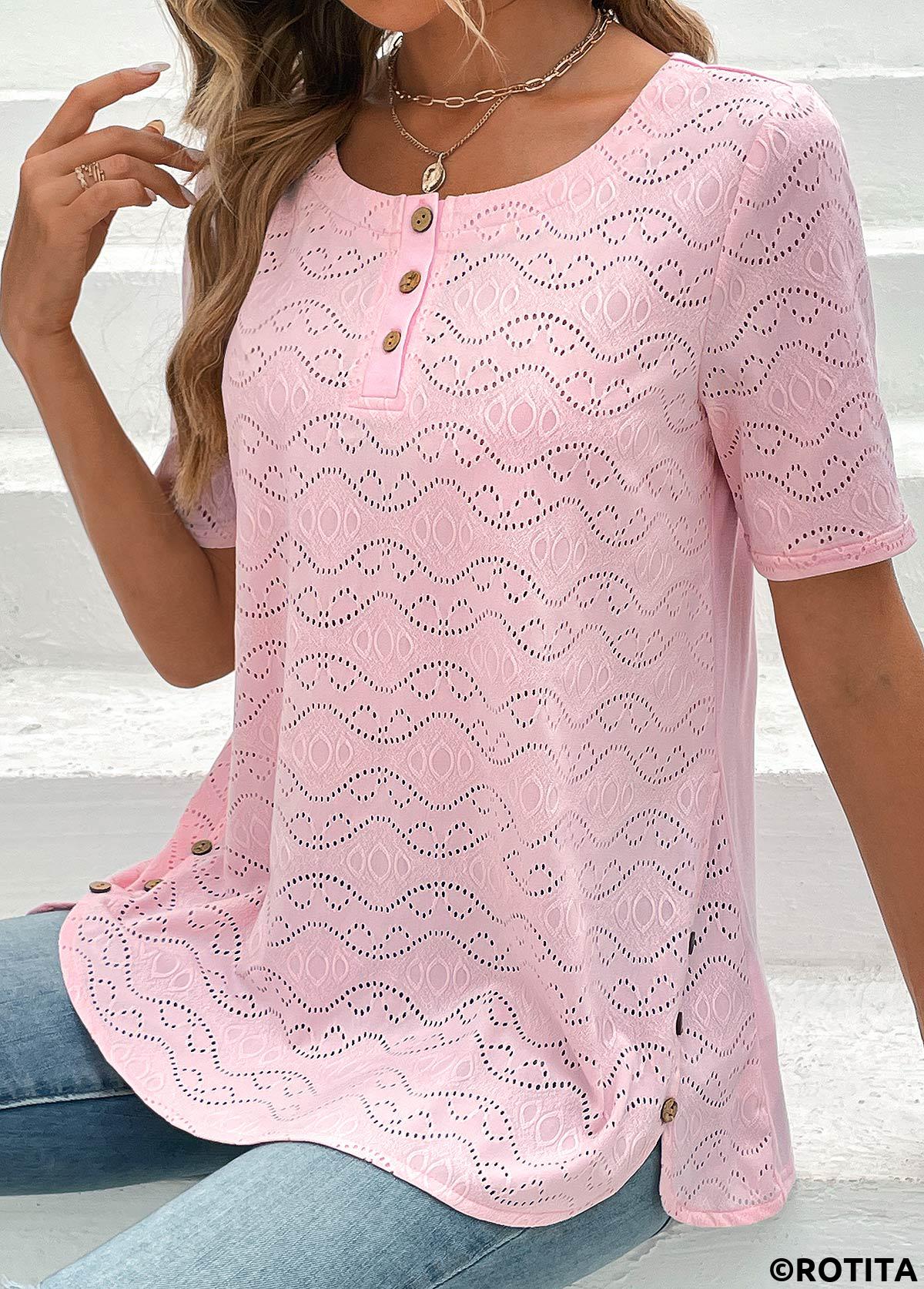 Light Pink tops,Plain Color tops,ROTITA Button Light Pink Round Neck Short Sleeve Blouse