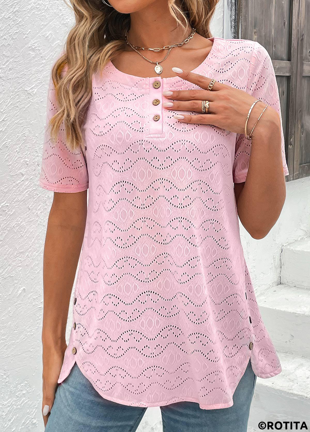 Light Pink tops,Plain Color tops,ROTITA Button Light Pink Round Neck Short Sleeve Blouse