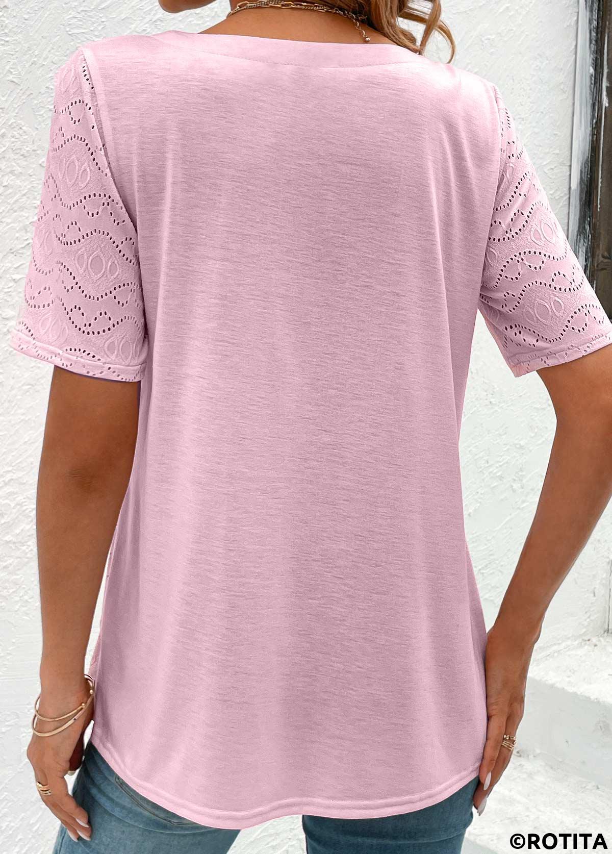 Light Pink tops,Plain Color tops,ROTITA Button Light Pink Round Neck Short Sleeve Blouse