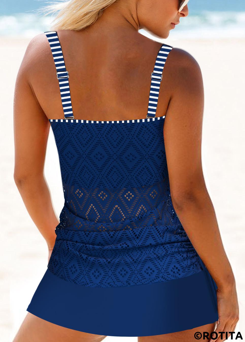 Navy swimwear,Plain Color swimwear,ROTITA Lace Navy Mid Waisted Tankini Set