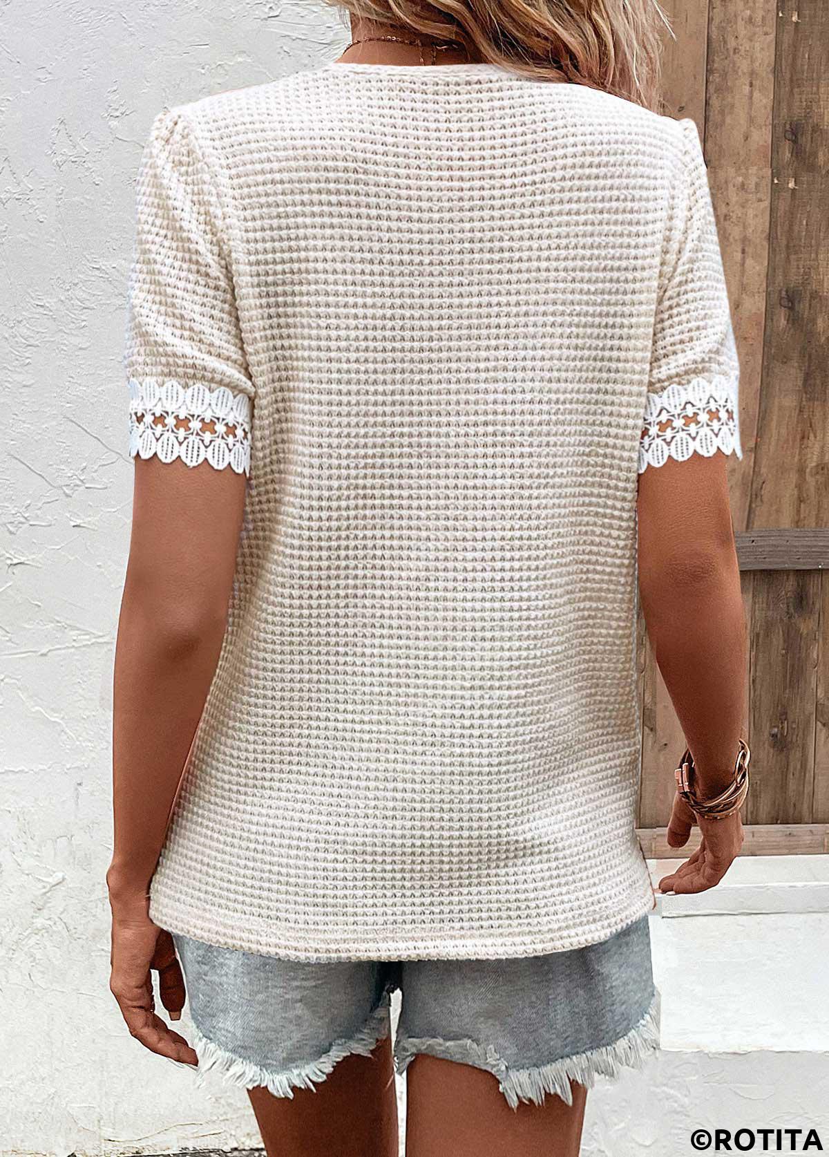 Beige tops,Plain Color tops,ROTITA Patchwork Beige Round Neck Short Sleeve T Shirt