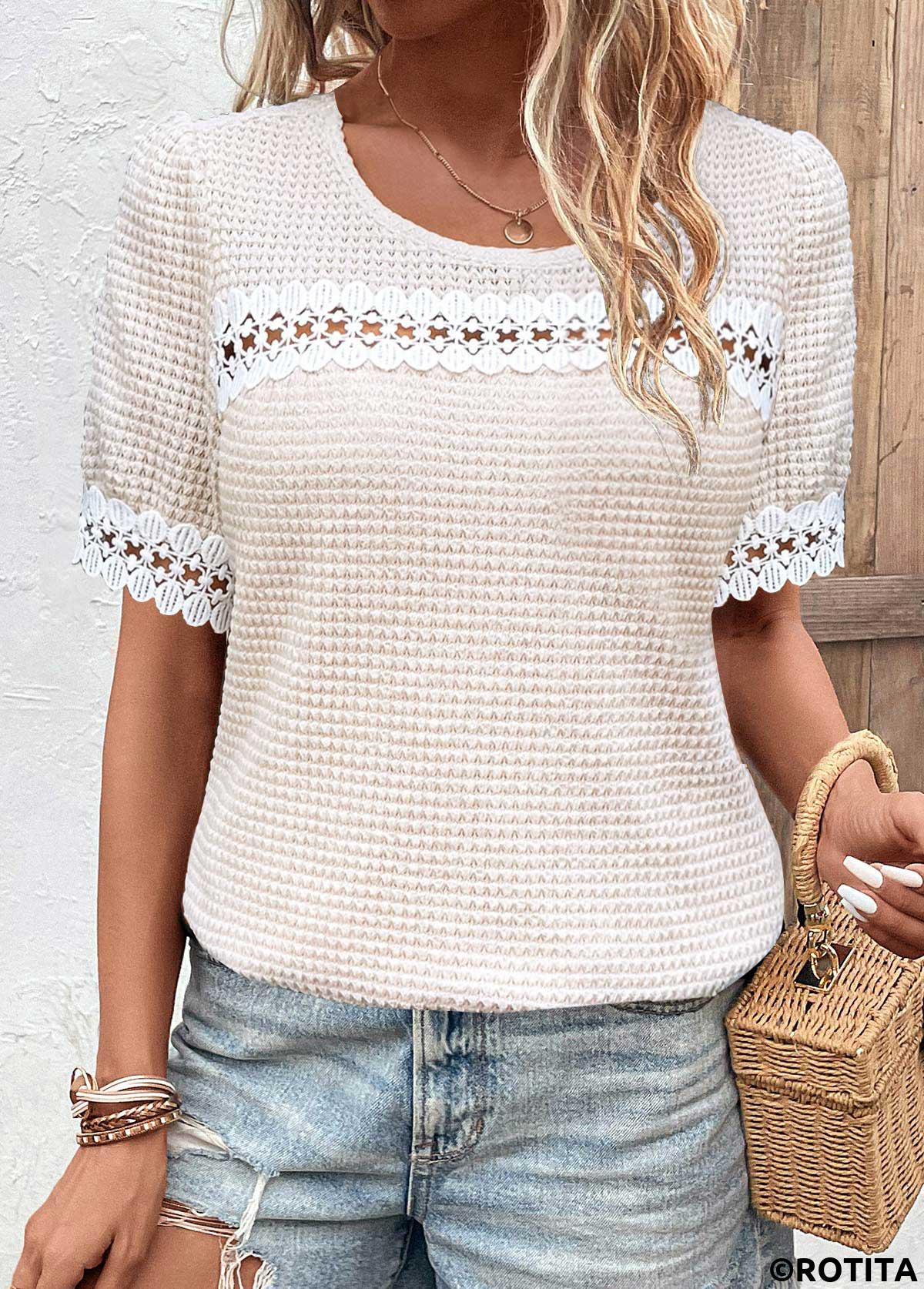 Beige tops,Plain Color tops,ROTITA Patchwork Beige Round Neck Short Sleeve T Shirt