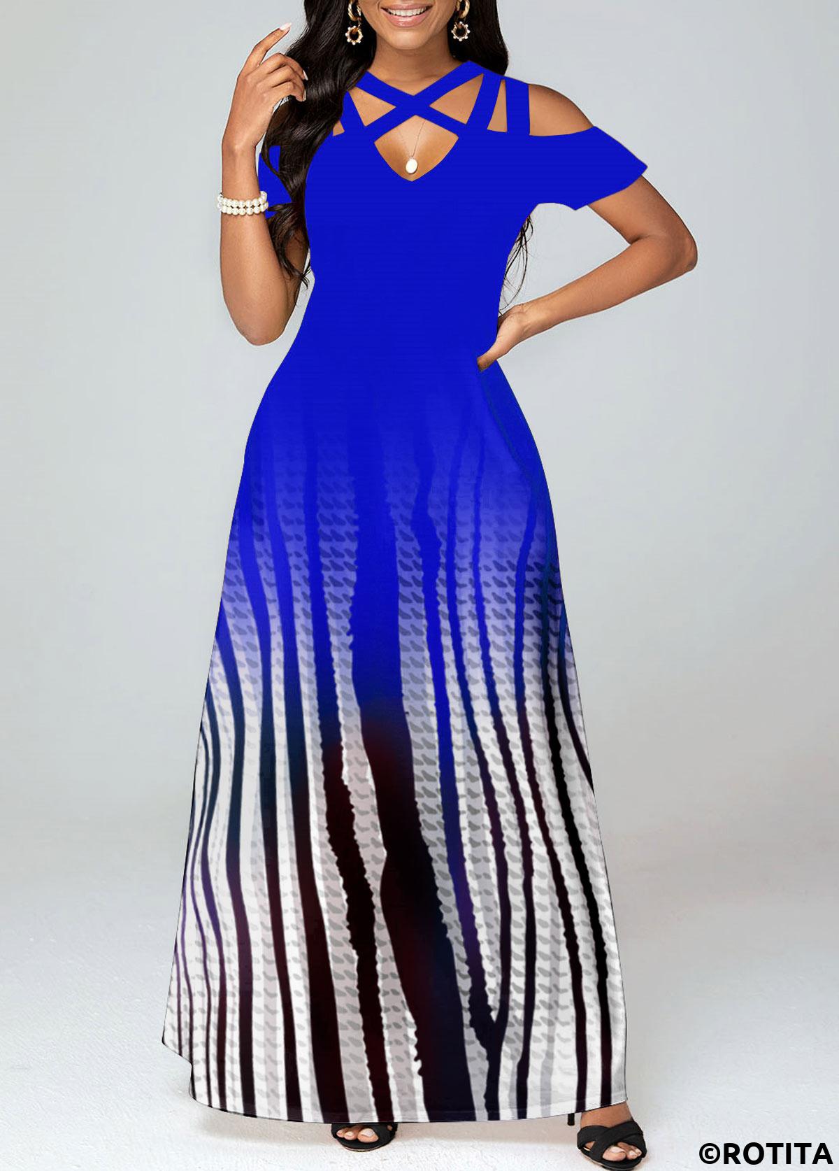 ROTITA - Robe longue bleu roi ombrée Criss Cross