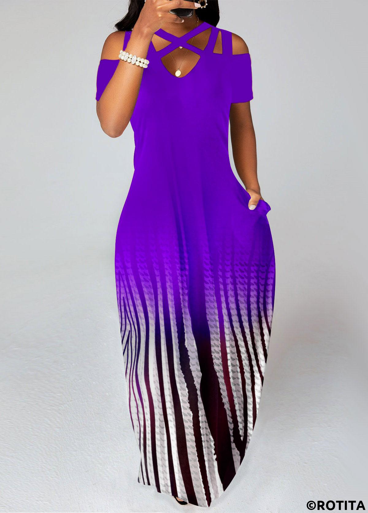 Purple dresses,Ombre dresses,Vacation dresses,Vacation dresses,ROTITA Criss Cross Ombre Purple Maxi A Line Dress
