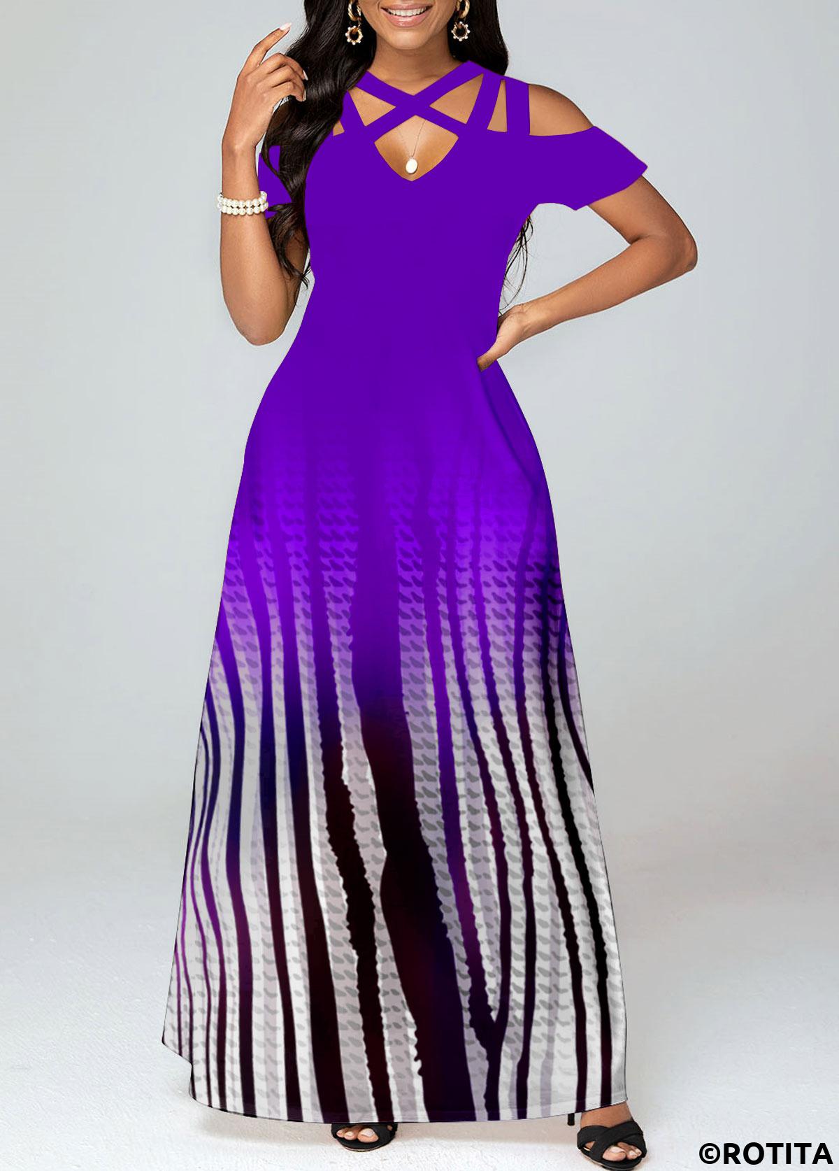 Purple dresses,Ombre dresses,Vacation dresses,Vacation dresses,ROTITA Criss Cross Ombre Purple Maxi A Line Dress