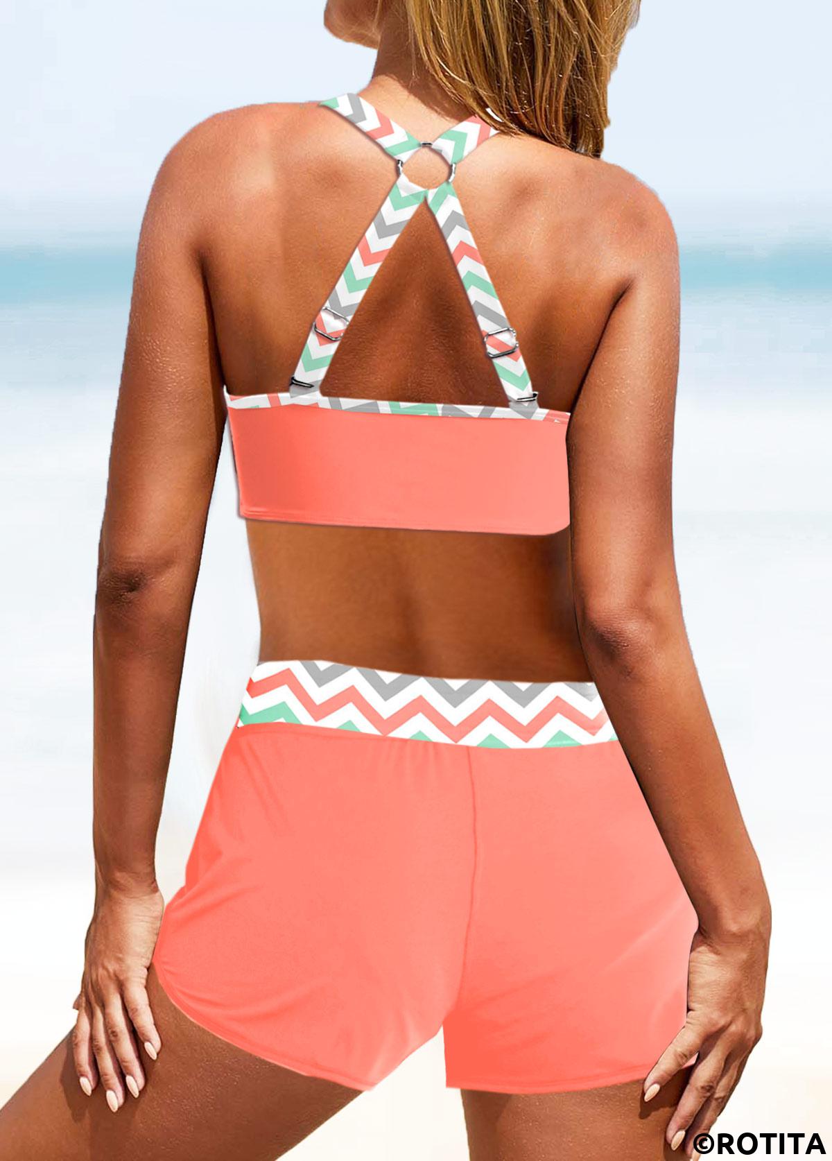 ROTITA Ensemble de bikini corail à imprimé chevron et anneau circulaire