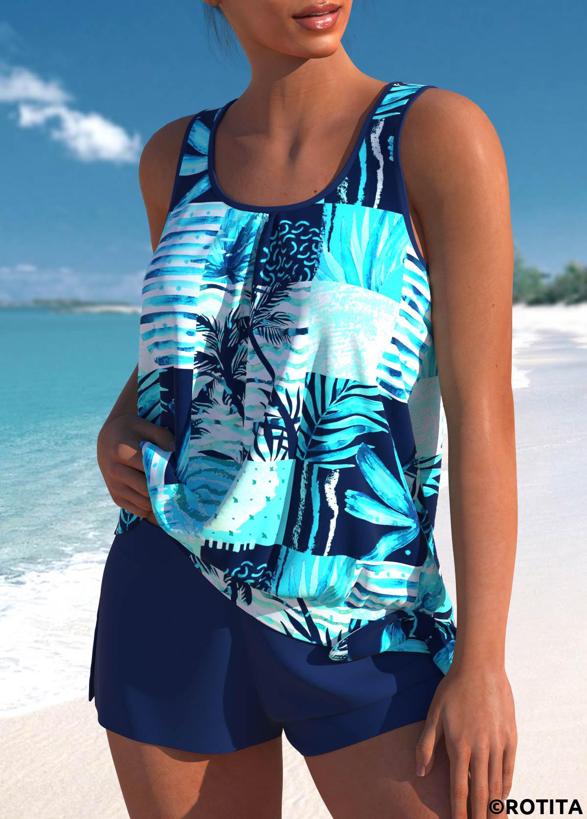 Cyan plus size,Navy plus size,Plants plus size,Geometric plus size,Striped plus size,Dot plus size,ROTITA Plus Size High Waisted Tie Tankini Set