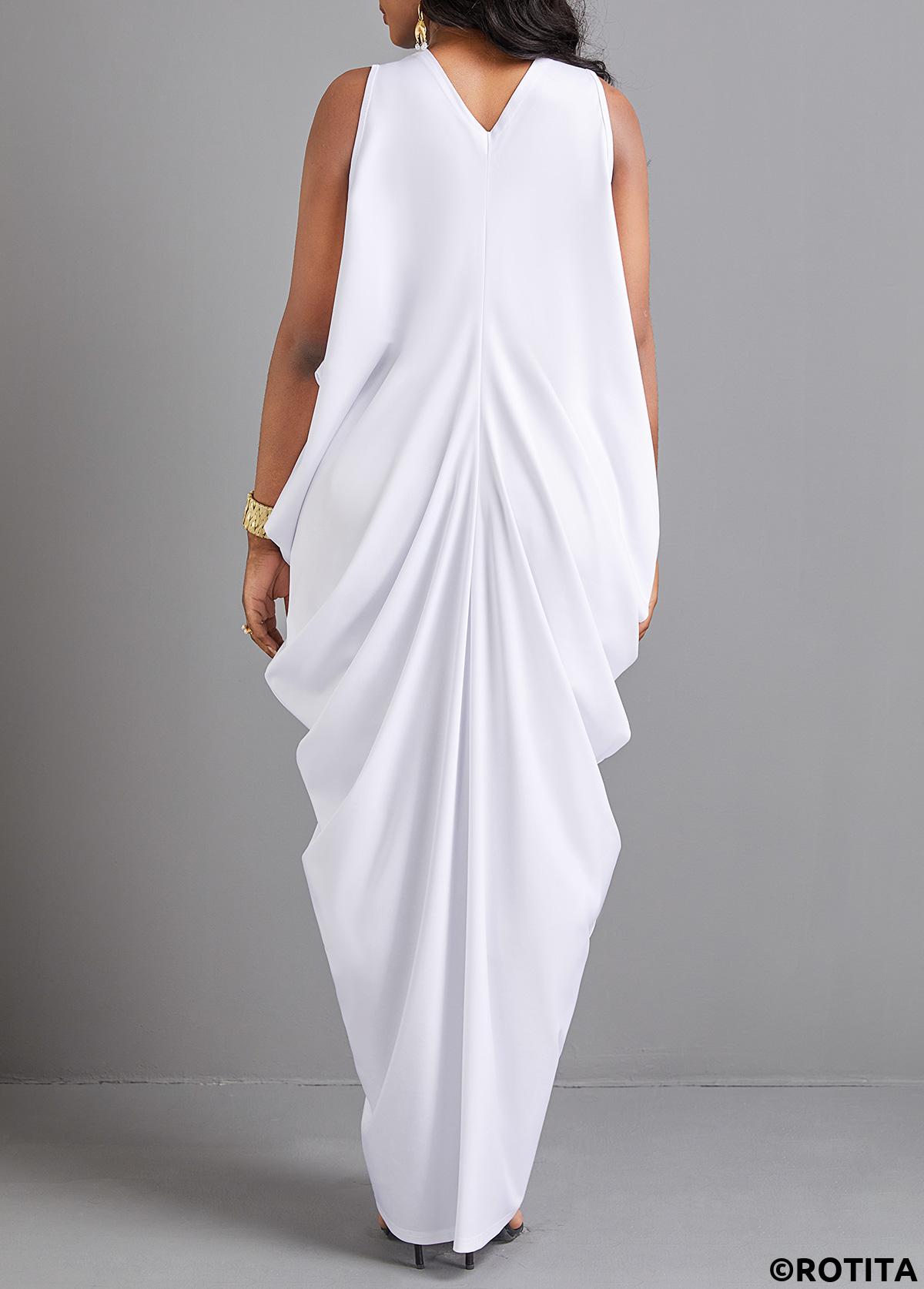 White dresses,Plain Color dresses,Vacation dresses,Vacation dresses,ROTITA Split White O Shape V Neck Maxi Dress