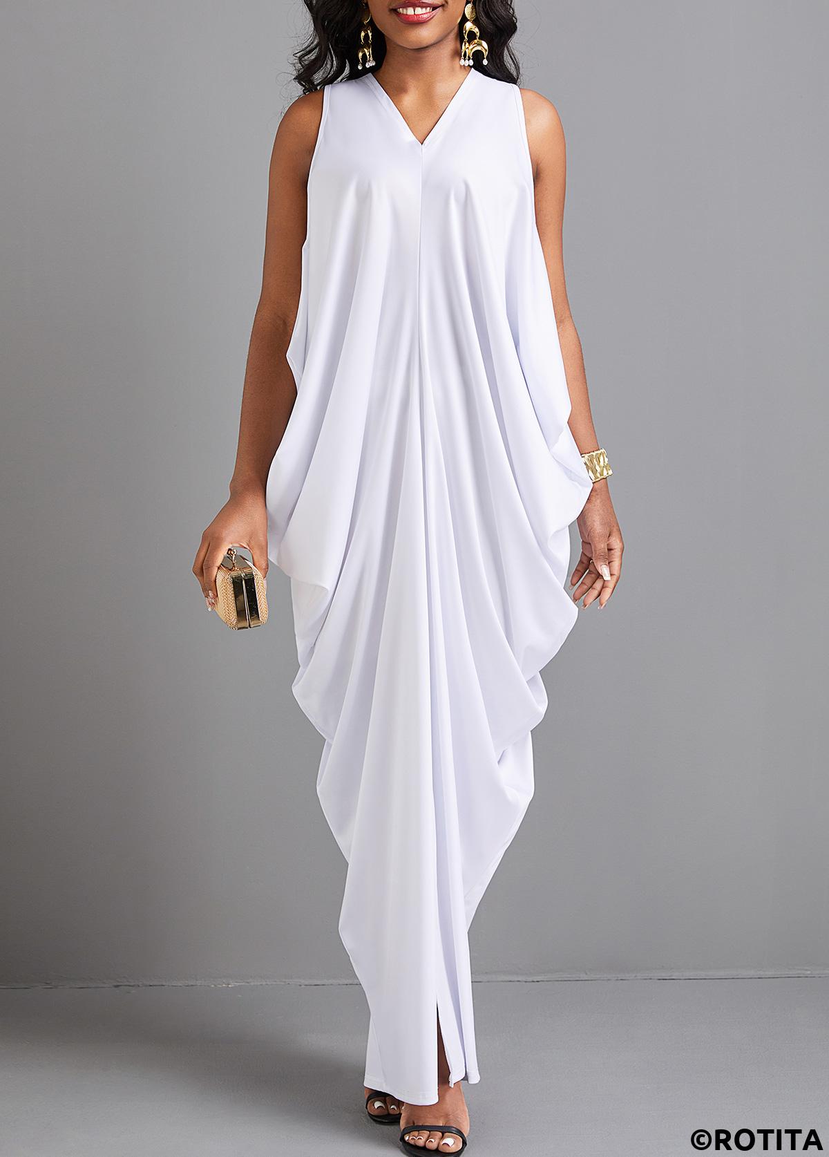 White dresses,Plain Color dresses,Vacation dresses,Vacation dresses,ROTITA Split White O Shape V Neck Maxi Dress