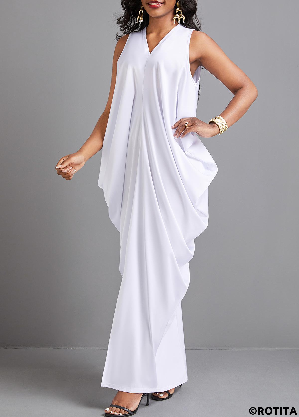 White dresses,Plain Color dresses,Vacation dresses,Vacation dresses,ROTITA Split White O Shape V Neck Maxi Dress