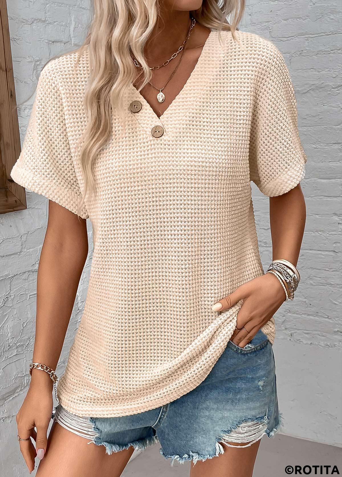 Beige tops,Plain Color tops,ROTITA Button Beige V Neck Short Sleeve Blouse