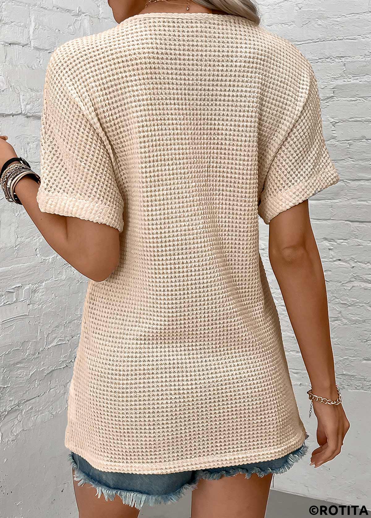 Beige tops,Plain Color tops,ROTITA Button Beige V Neck Short Sleeve Blouse