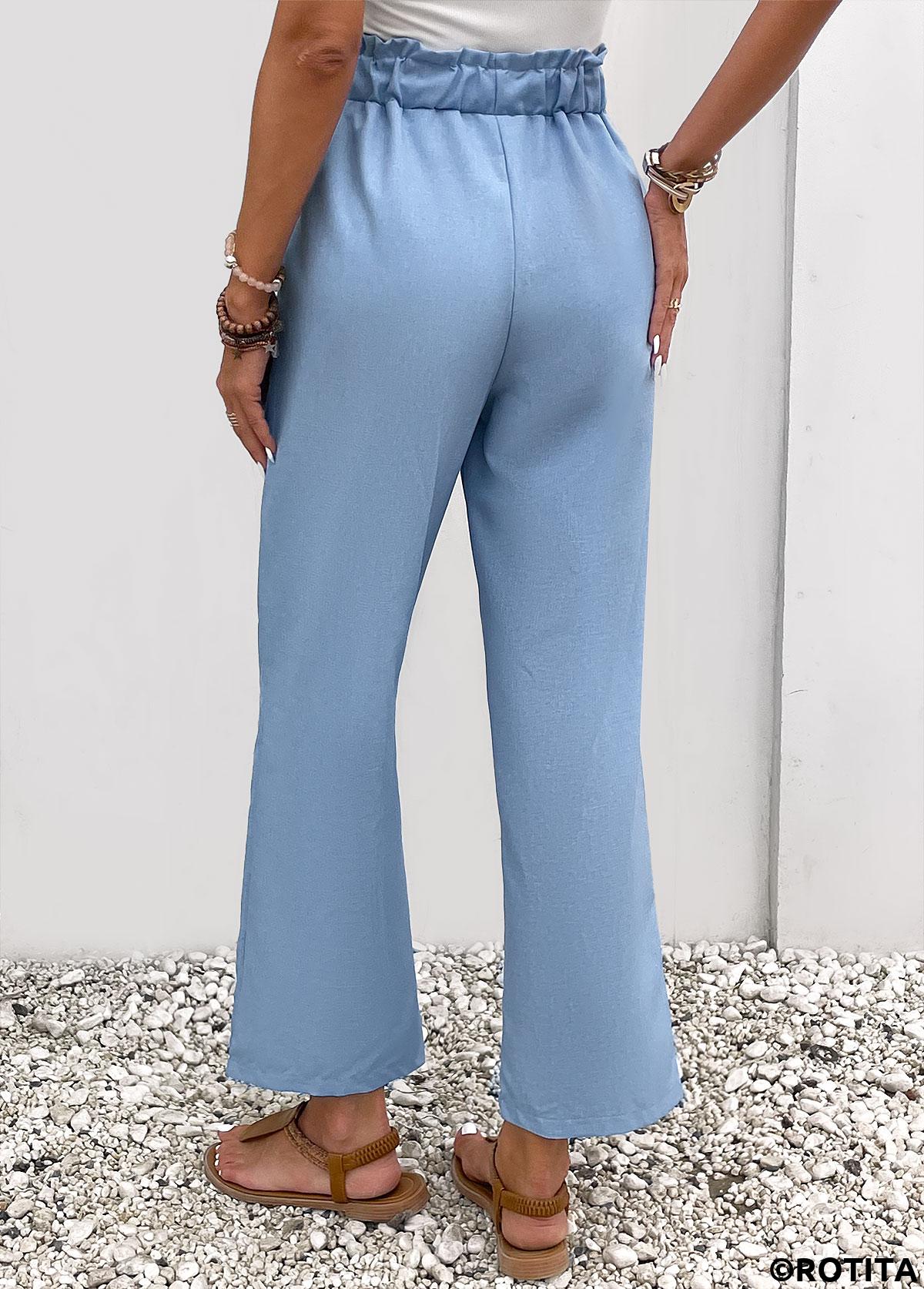Dusty Blue bottoms,Plain Color bottoms,Pocket Dusty Blue Elastic Waist High Waisted Pants