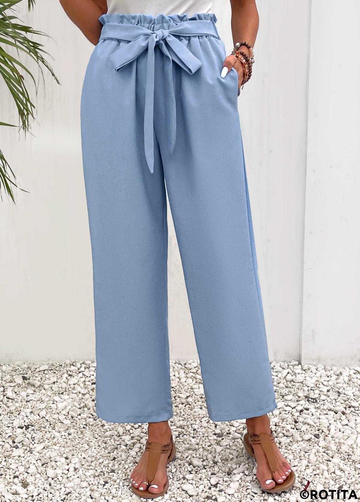 Dusty Blue bottoms,Plain Color bottoms,Pocket Dusty Blue Elastic Waist High Waisted Pants