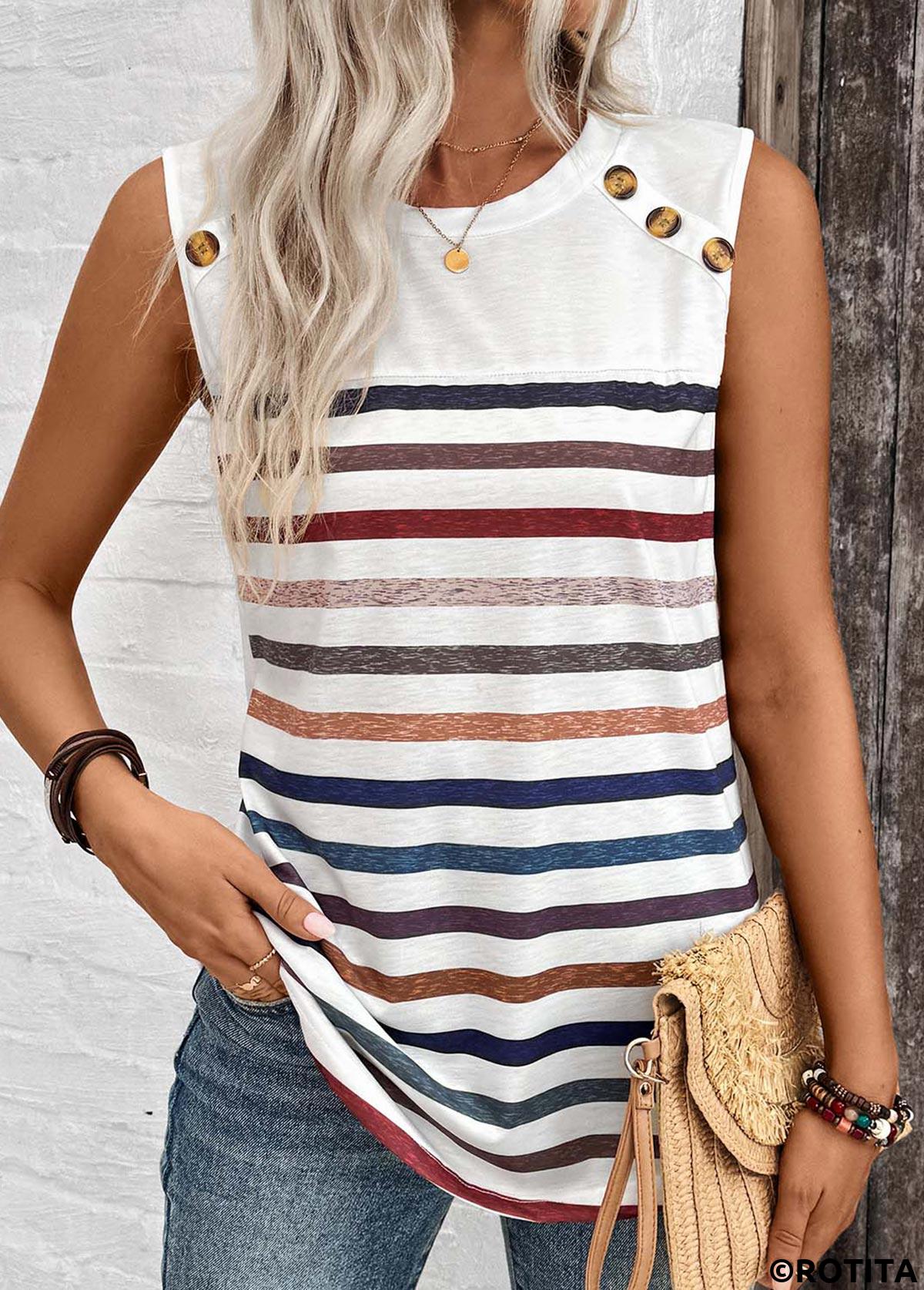 White tops,Striped tops,ROTITA Button Striped White Round Neck Tank Top