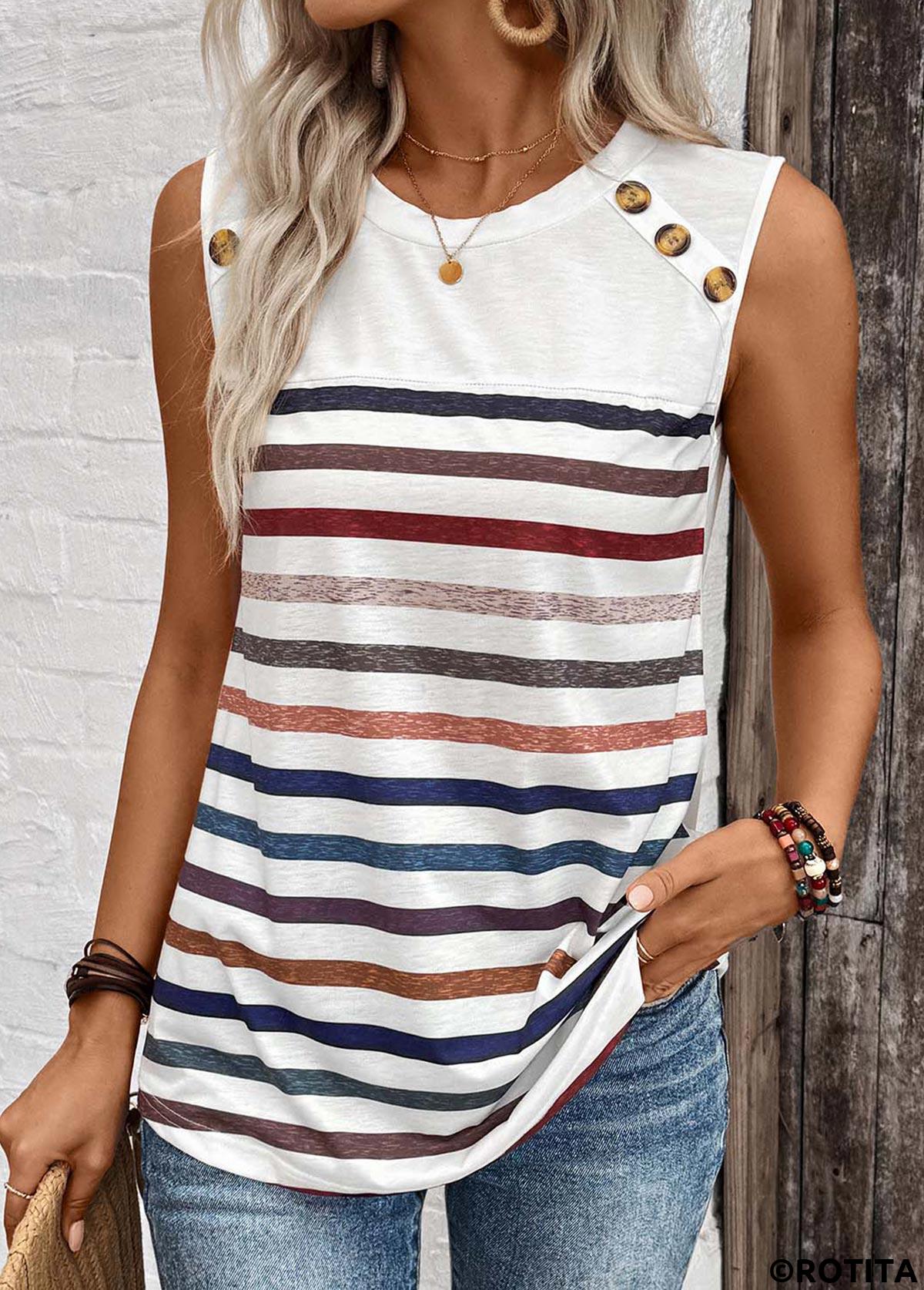 White tops,Striped tops,ROTITA Button Striped White Round Neck Tank Top