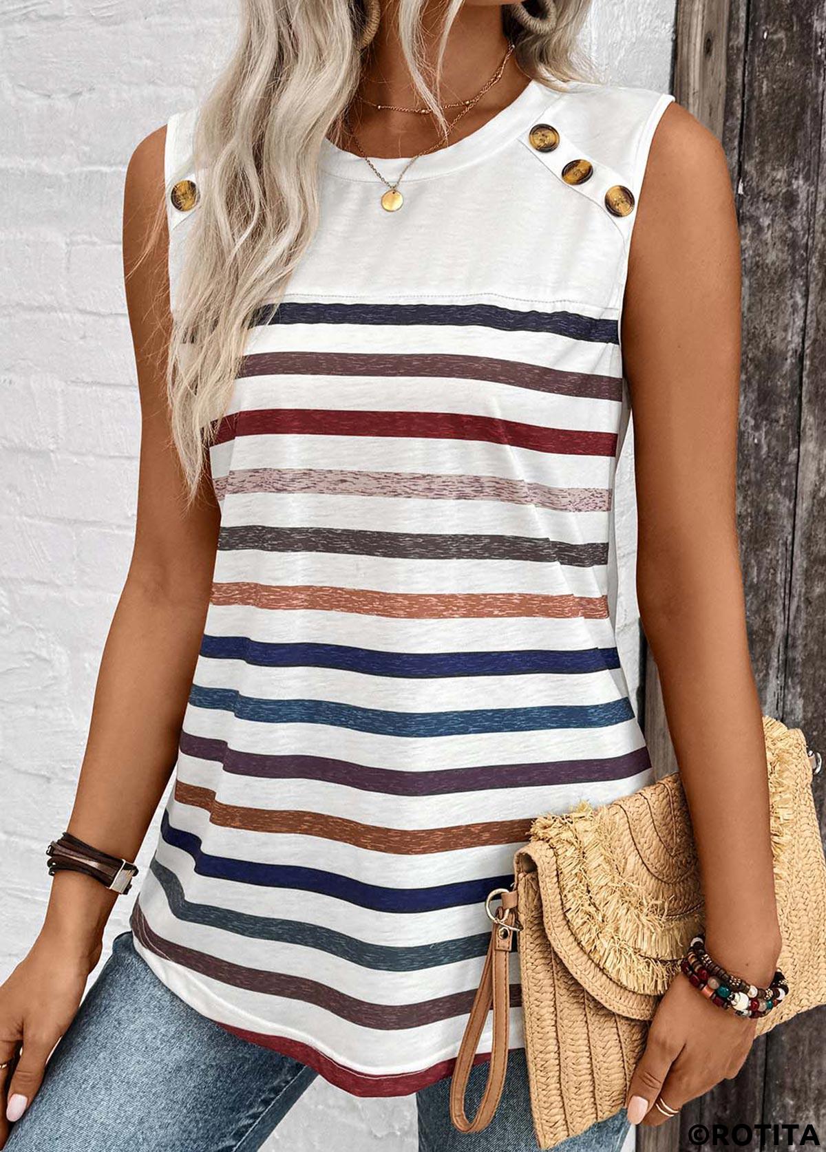 White tops,Striped tops,ROTITA Button Striped White Round Neck Tank Top