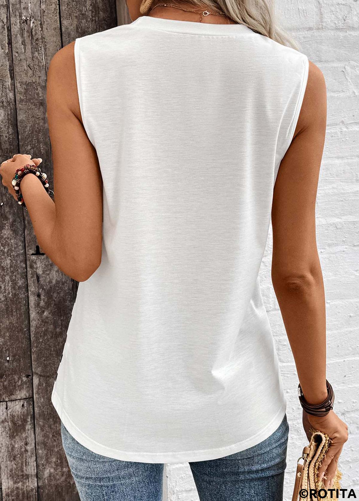 White tops,Striped tops,ROTITA Button Striped White Round Neck Tank Top