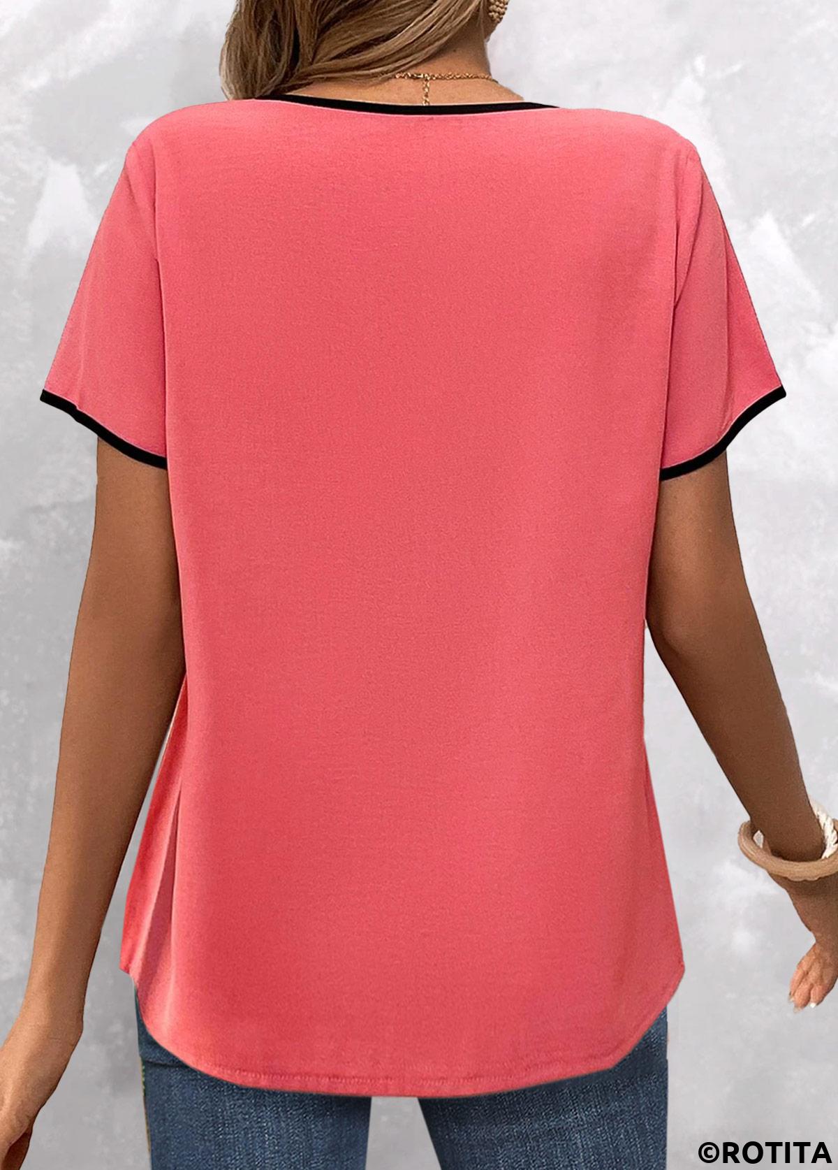 Coral tops,Plain Color tops,ROTITA Contrast Binding Coral Split Neck Short Sleeve Blouse