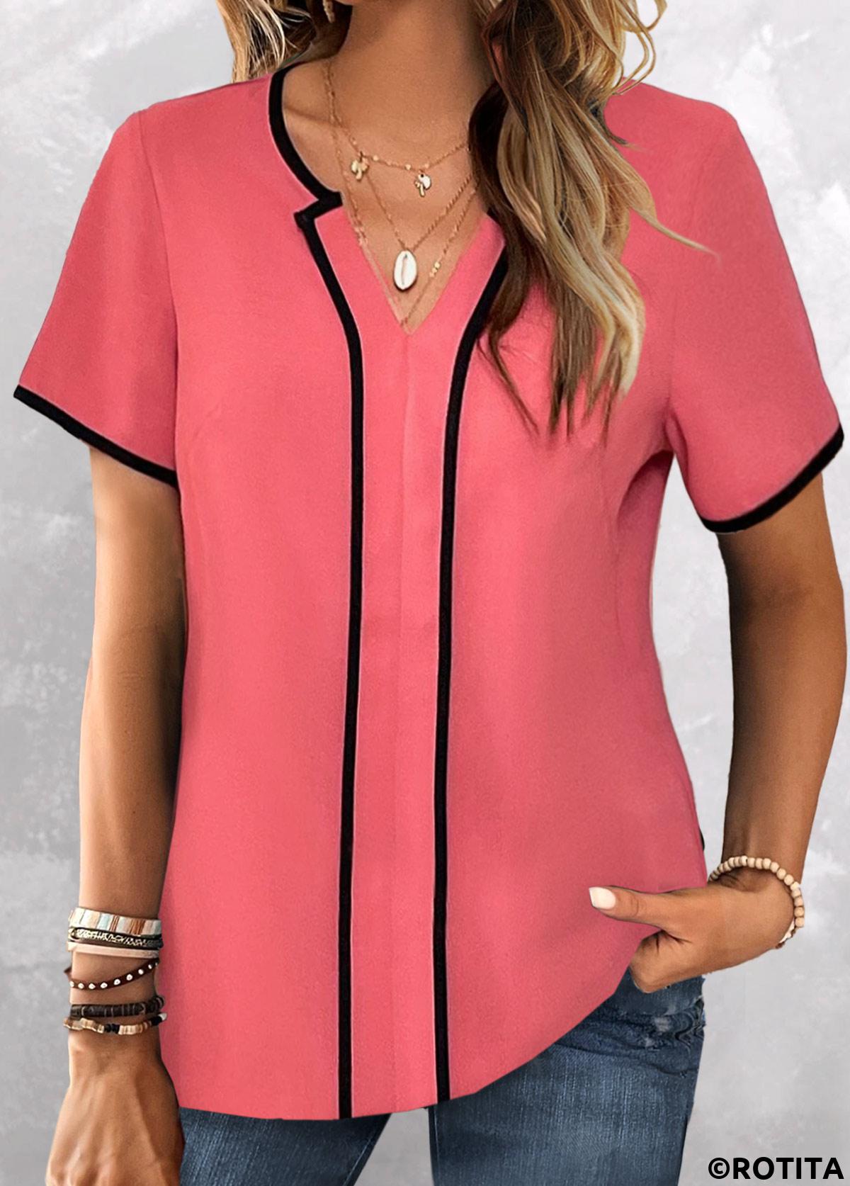 Coral tops,Plain Color tops,ROTITA Contrast Binding Coral Split Neck Short Sleeve Blouse
