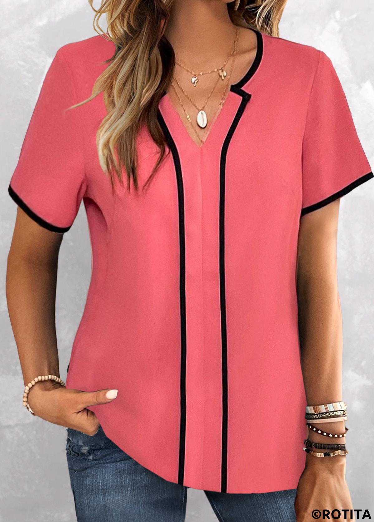 Coral tops,Plain Color tops,ROTITA Contrast Binding Coral Split Neck Short Sleeve Blouse