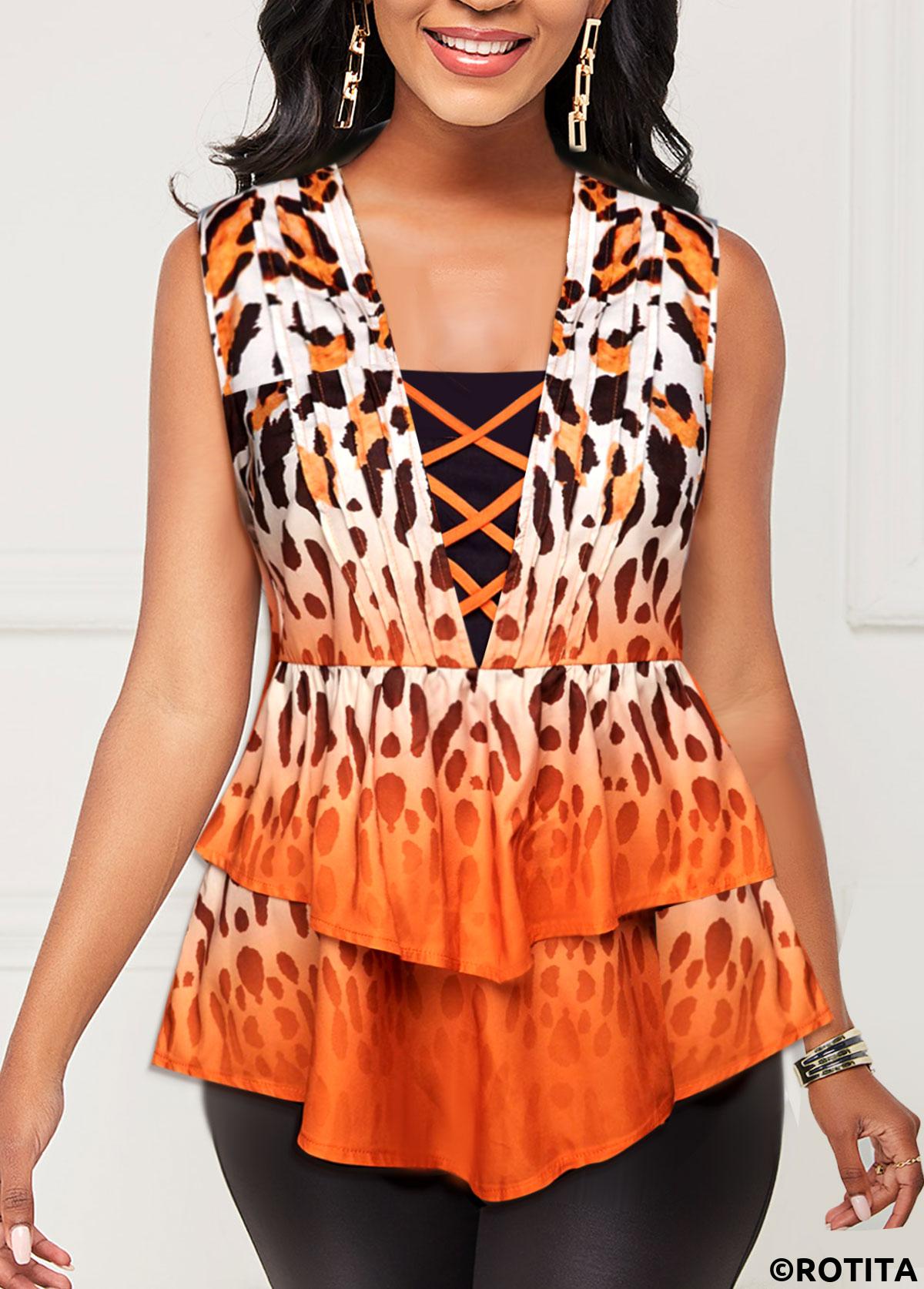 Orange tops,Leopard tops,ROTITA Layered Leopard Orange Square Neck Sleeveless Blouse