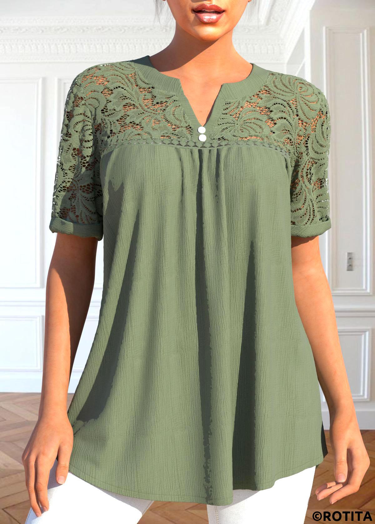 Sage Green tops,Plain Color tops,ROTITA Patchwork Sage Green Split Neck Short Sleeve Blouse