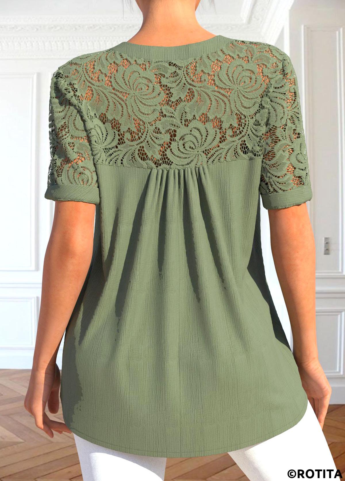 Sage Green tops,Plain Color tops,ROTITA Patchwork Sage Green Split Neck Short Sleeve Blouse