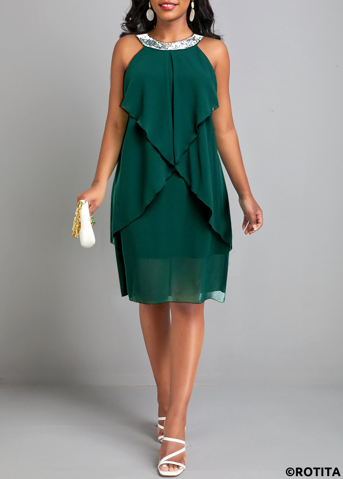 Green dresses,Plain Color dresses,Party dresses,Elegant dresses,ROTITA Sequin Green H Shape Round Neck Sleeveless Dress