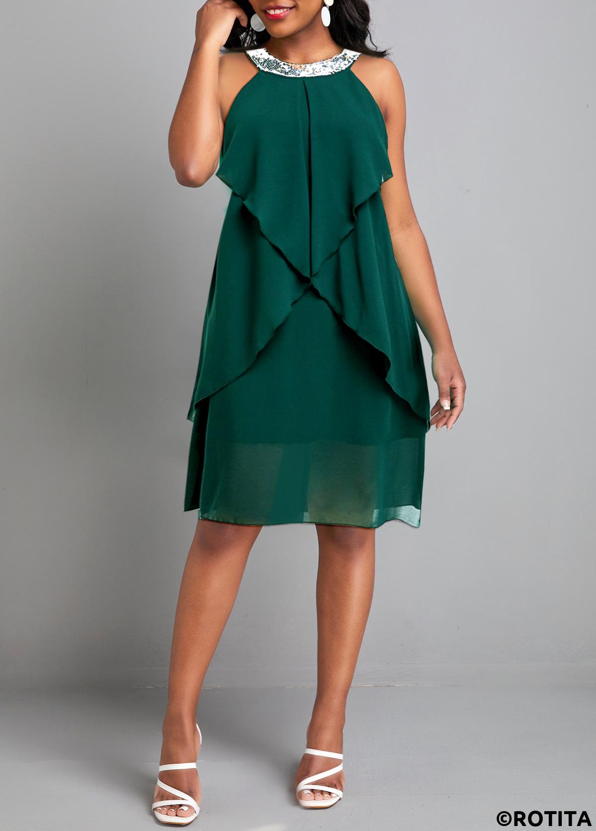 Green dresses,Plain Color dresses,Party dresses,Elegant dresses,ROTITA Sequin Green H Shape Round Neck Sleeveless Dress