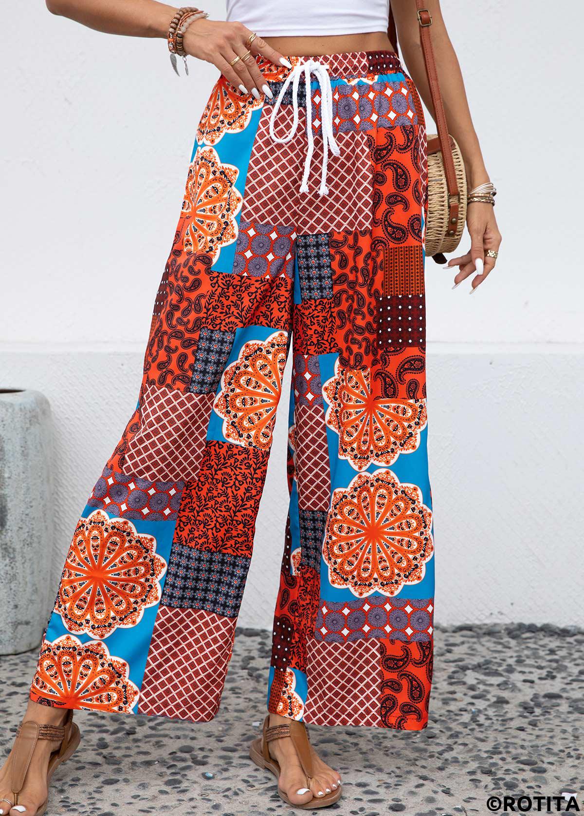 Multi Color bottoms,Rainbow Color bottoms,Tribal bottoms,Geometric bottoms,Striped bottoms,Plaid bottoms,Drawstring Tribal Print Multi Color Drawastring Pants