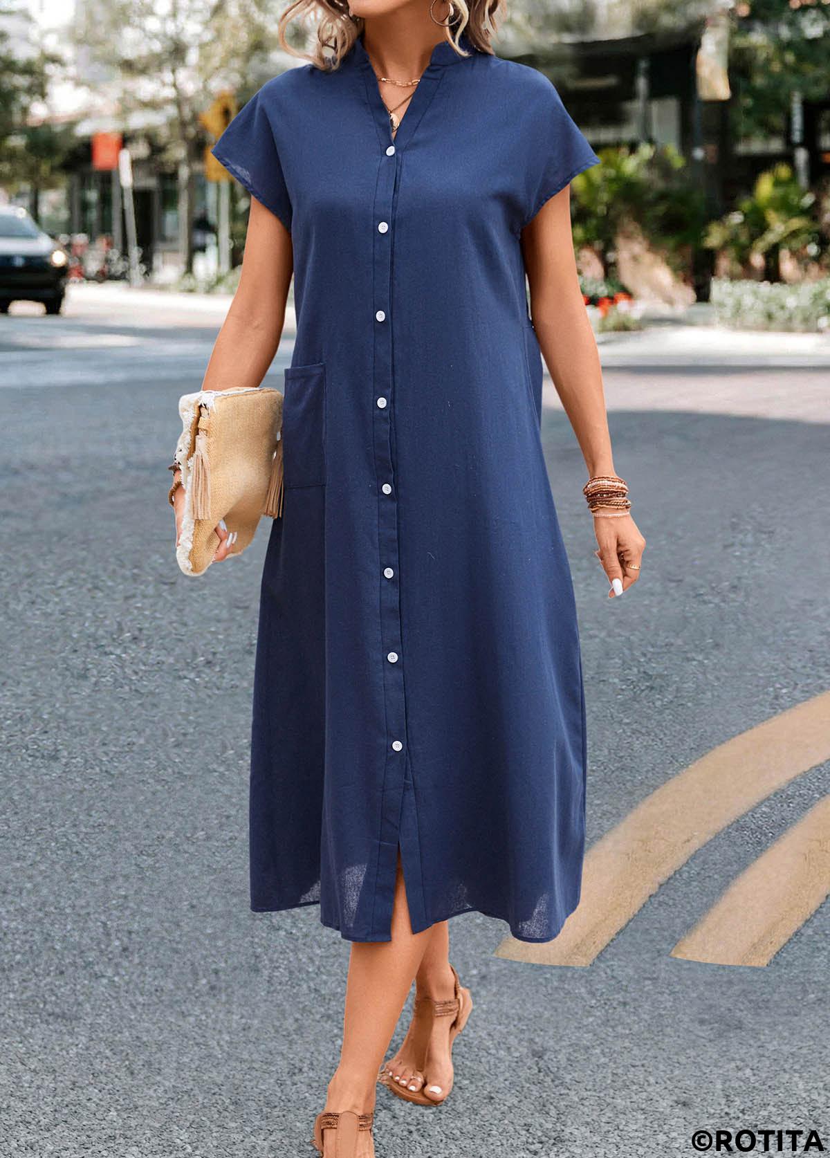 Navy dresses,Plain Color dresses,Everyday dresses,Casual dresses,Pocket Navy Stand Collar Shift Dress