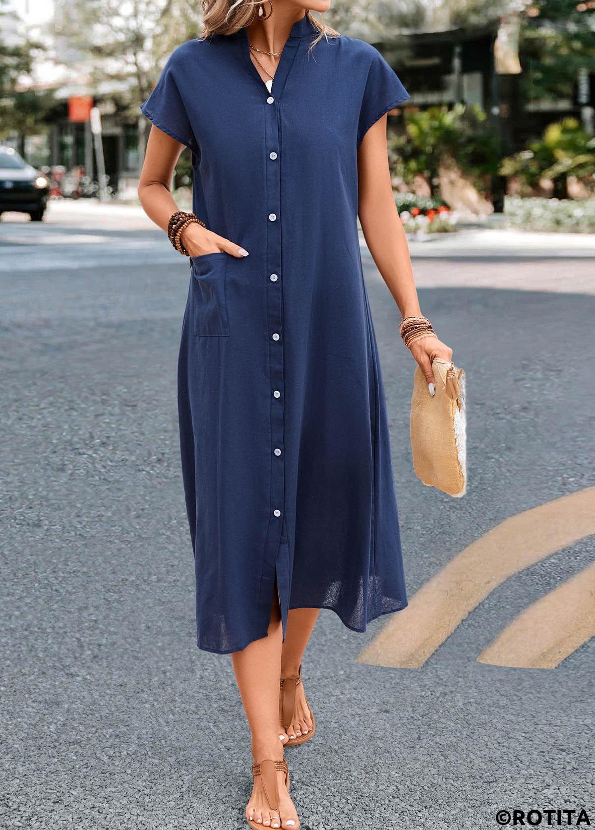 Navy dresses,Plain Color dresses,Everyday dresses,Casual dresses,Pocket Navy Stand Collar Shift Dress