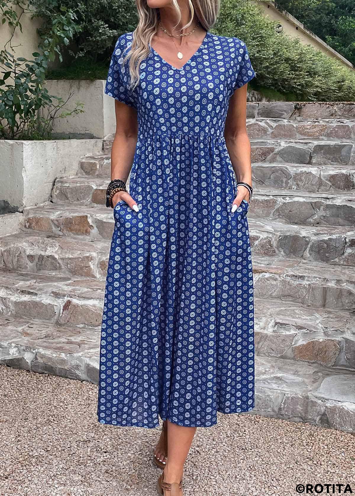 Dark Blue dresses,Geometric dresses,Dot dresses,Everyday dresses,Casual dresses,ROTITA Pocket Geometric Print Dark Blue A Line Dress