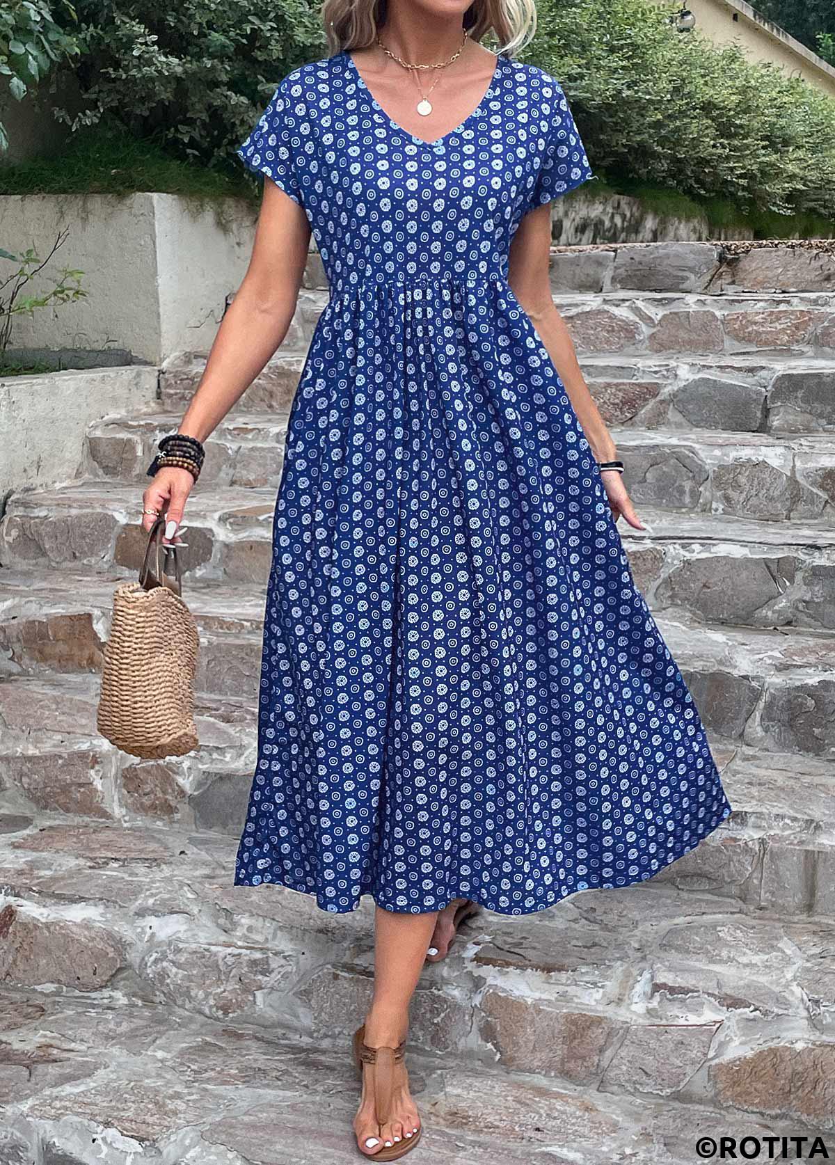 Dark Blue dresses,Geometric dresses,Dot dresses,Everyday dresses,Casual dresses,ROTITA Pocket Geometric Print Dark Blue A Line Dress