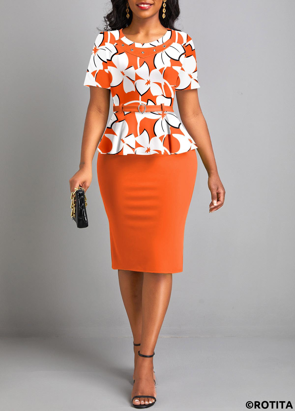 Orange dresses,Floral dresses,Plants dresses,Party dresses,Elegant dresses,ROTITA Fake 2in1 Floral Print Orange Belted Bodycon Dress