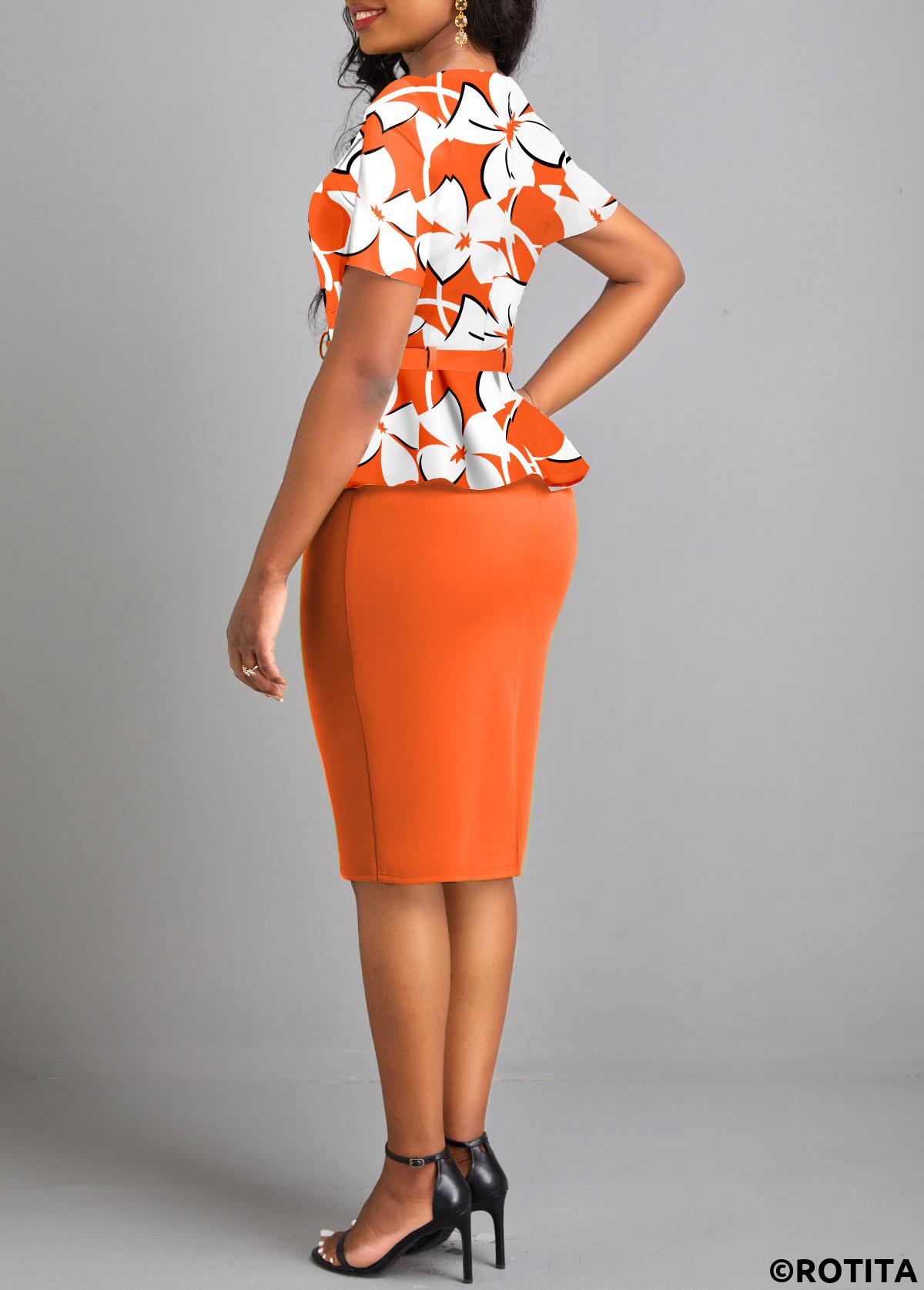 Orange dresses,Floral dresses,Plants dresses,Party dresses,Elegant dresses,ROTITA Fake 2in1 Floral Print Orange Belted Bodycon Dress