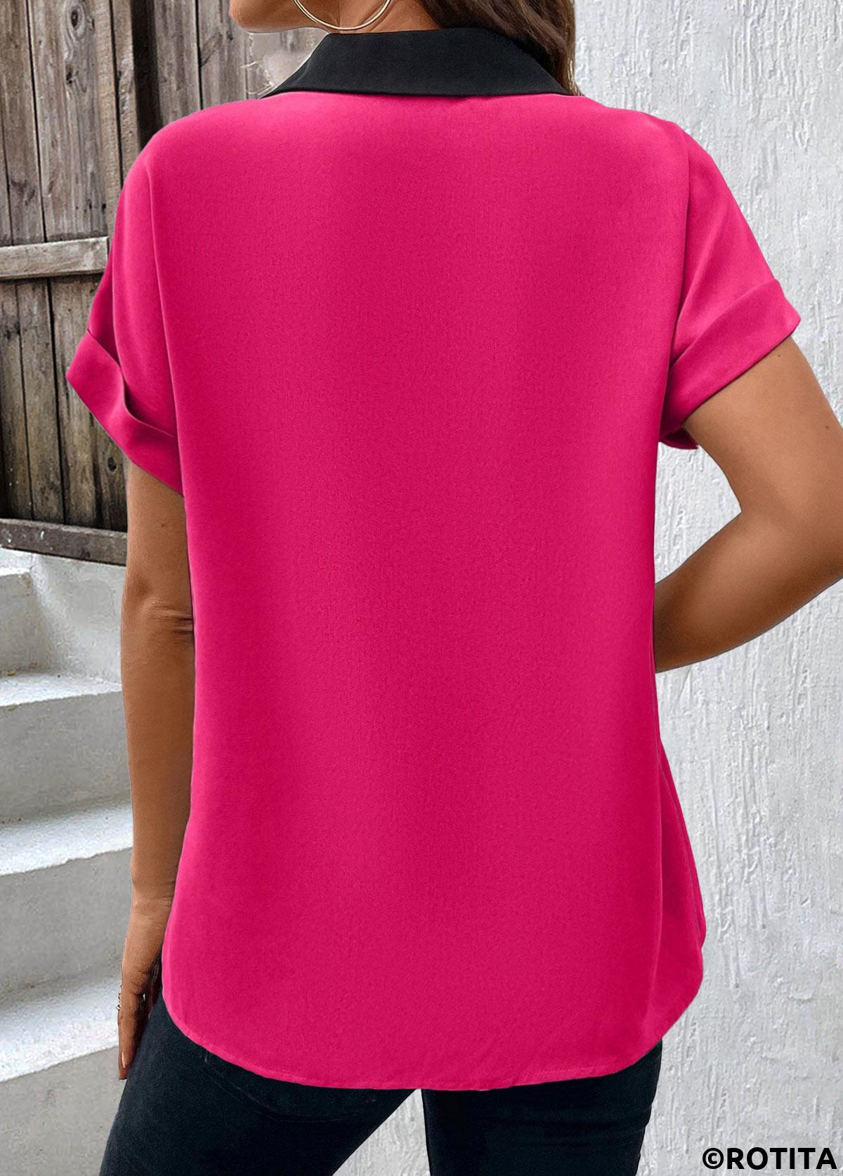 Black tops,Hot Pink tops,Contrast Color tops,ROTITA Patchwork Black V Neck Short Sleeve Blouse
