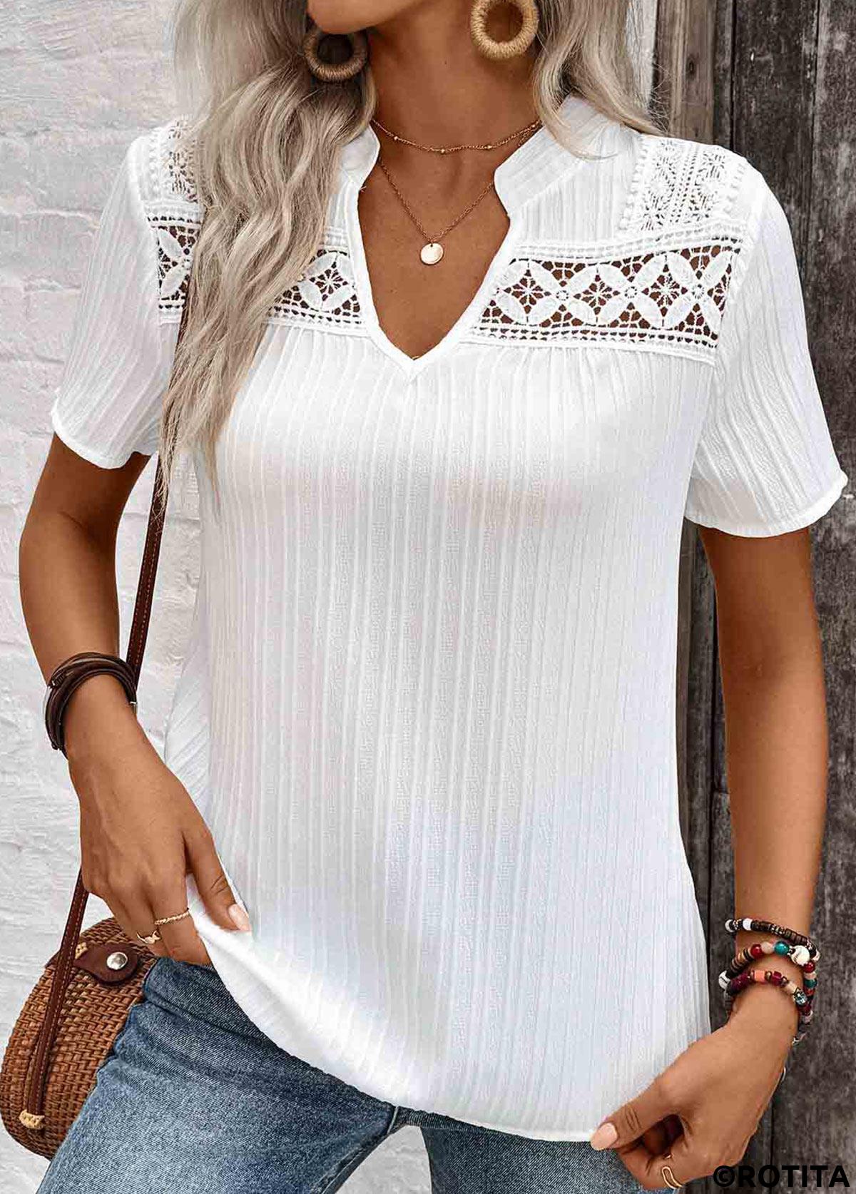 White plus size,Plain Color plus size,ROTITA Plus Size Lace White Split Neck Short Sleeve Blouse