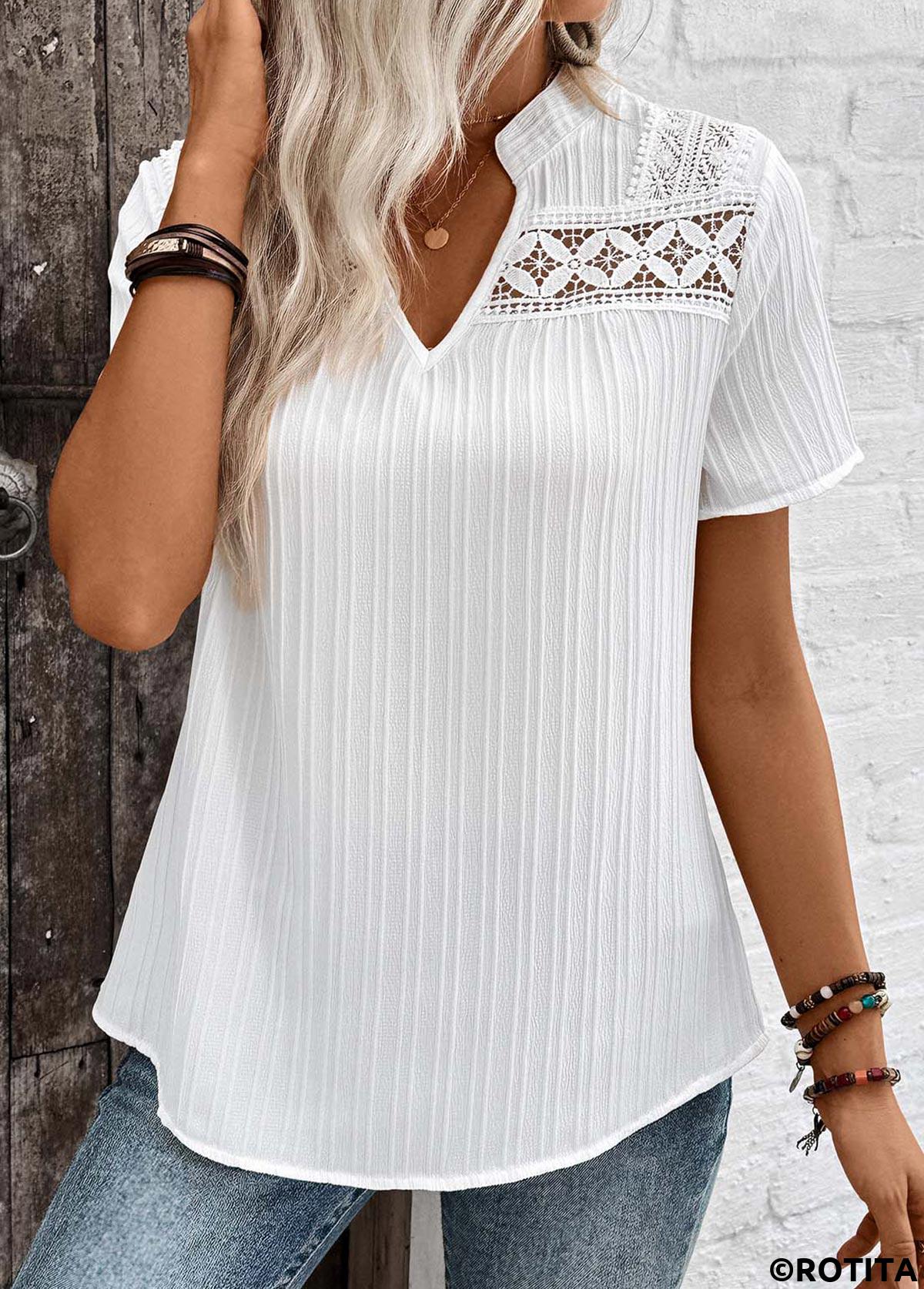 White plus size,Plain Color plus size,ROTITA Plus Size Lace White Split Neck Short Sleeve Blouse