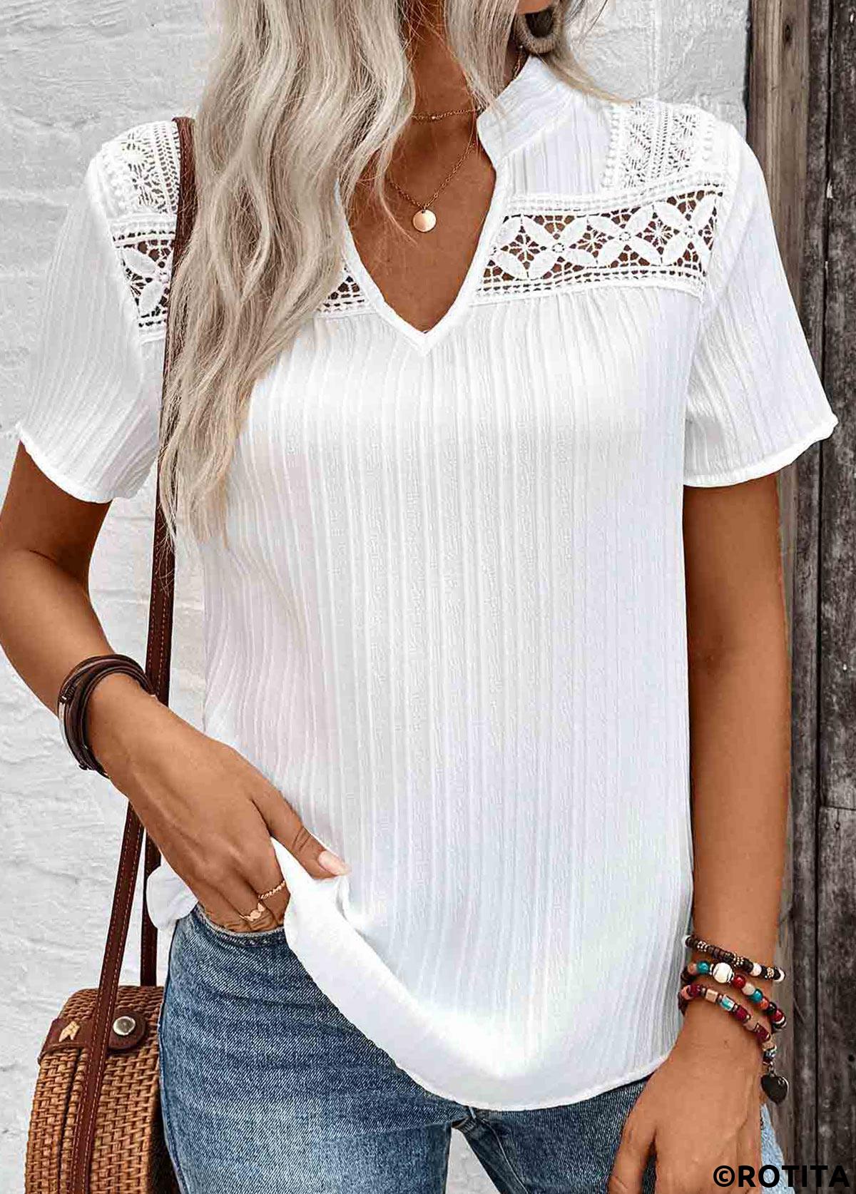 White plus size,Plain Color plus size,ROTITA Plus Size Lace White Split Neck Short Sleeve Blouse