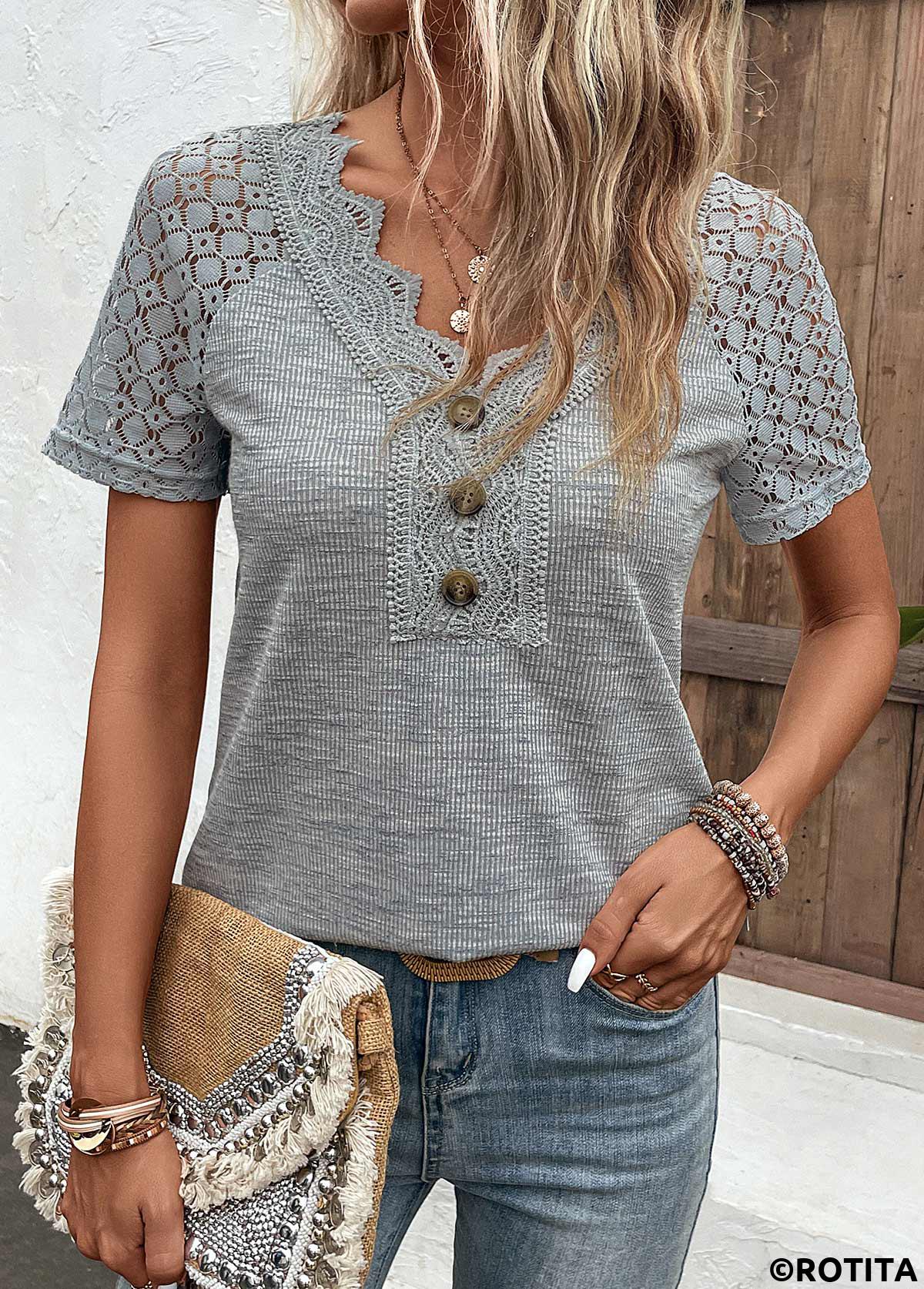 Grey plus size,Plain Color plus size,ROTITA Plus Size Lace Grey V Neck T Shirt