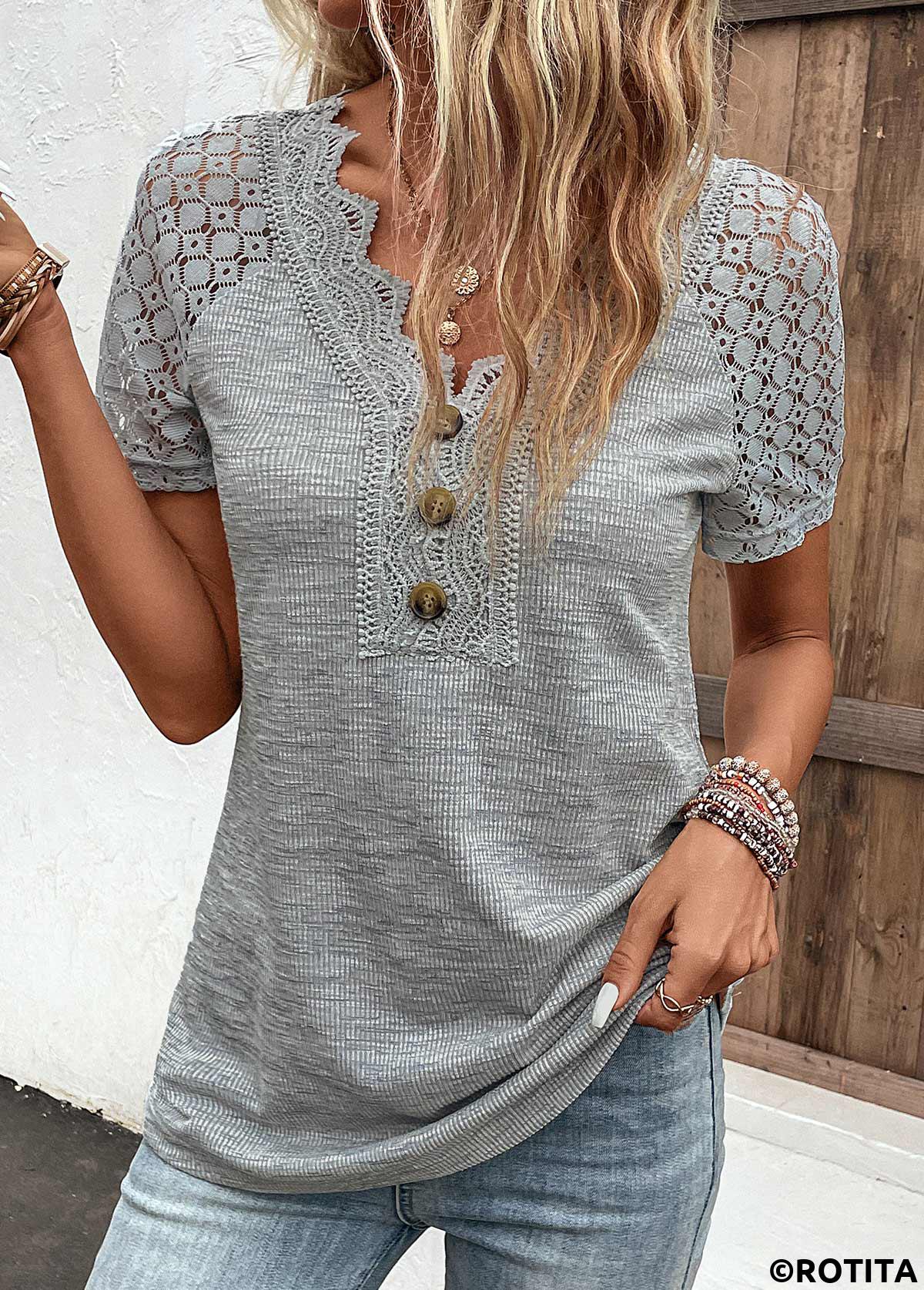 Grey plus size,Plain Color plus size,ROTITA Plus Size Lace Grey V Neck T Shirt